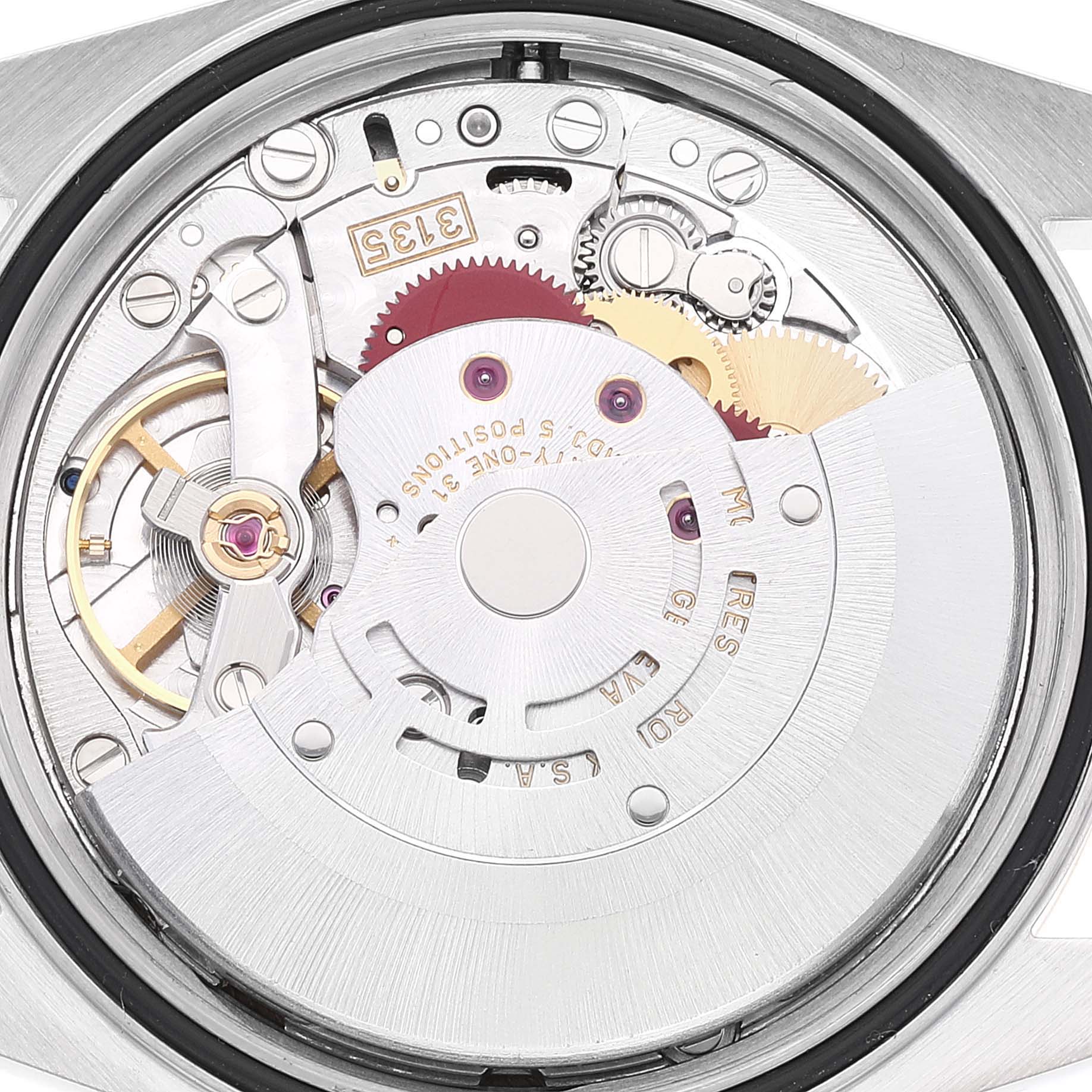 This image shows the internal mechanics of a Rolex Datejust 16233 Men's Steel and Gold (two tone) Champagne Dial 16233 Men's Steel and Gold (two tone) Champagne Dial watch from a top-down angle.