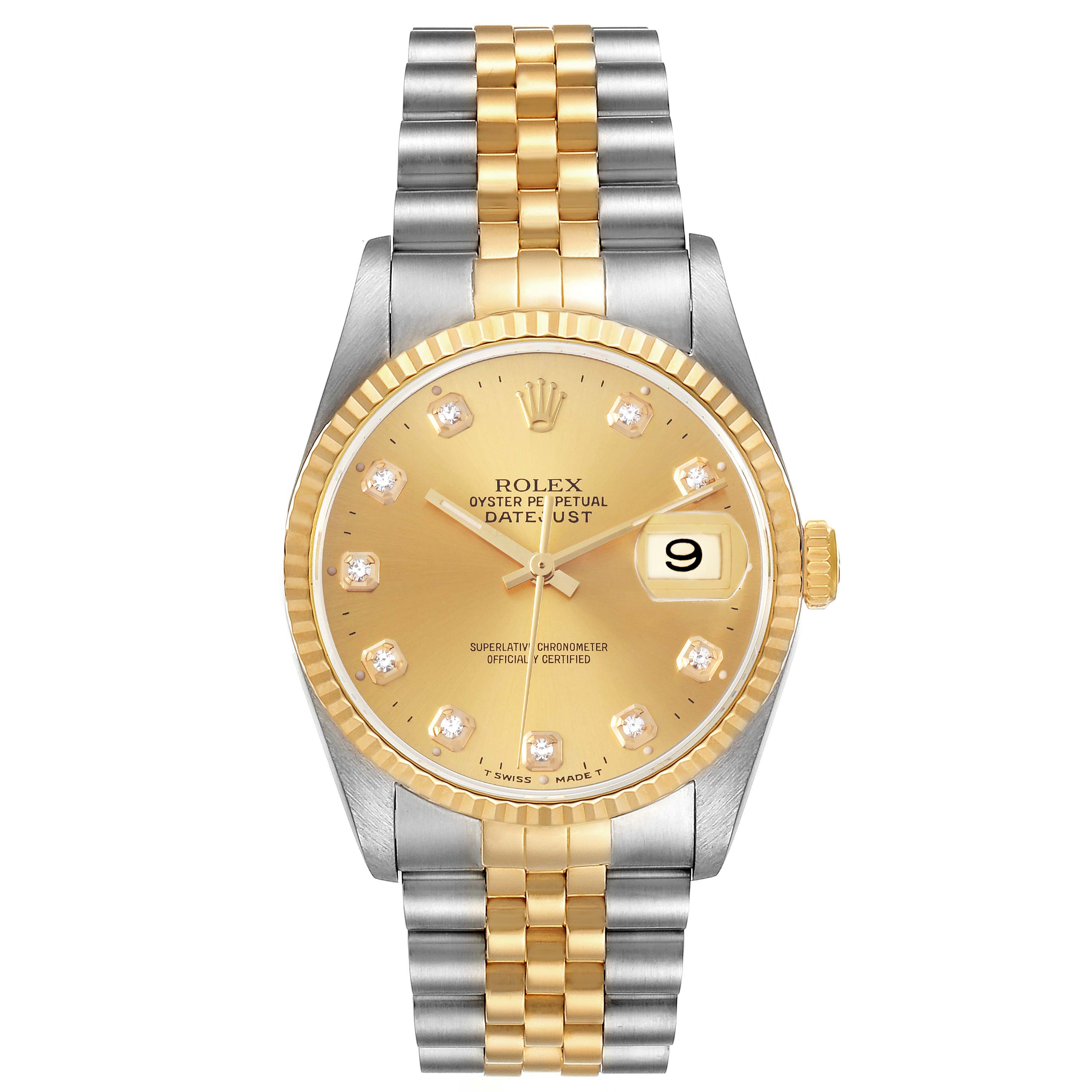 This Rolex Datejust 16233 Men's Steel and Gold (two tone) Champagne Dial 16233 Men's Steel and Gold (two tone) Champagne Dial watch is shown from the front, displaying the dial, hands, date window, and two-tone bracelet.