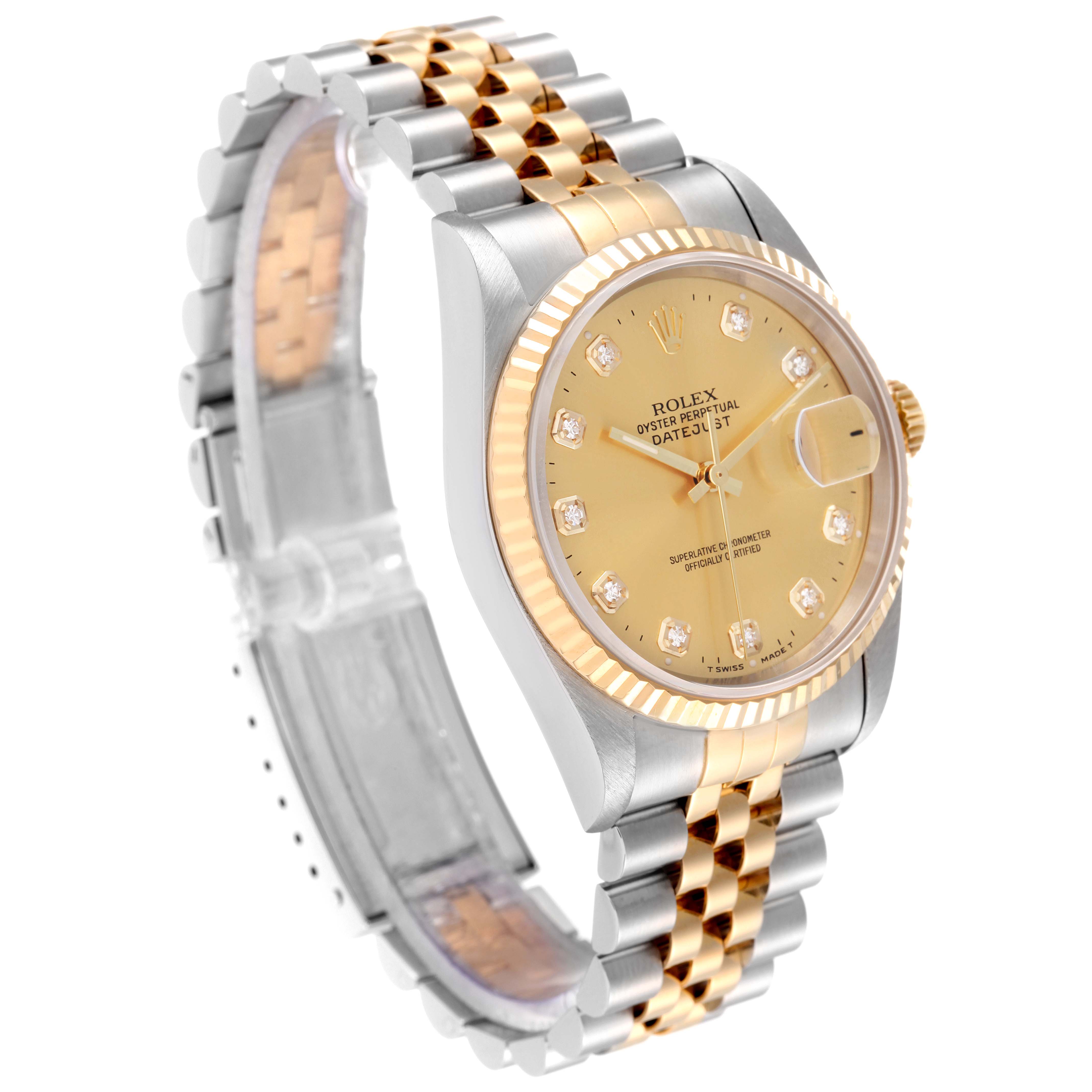 This image shows the Rolex Datejust 16233 Men's Steel and Gold (two tone) Champagne Dial 16233 Men's Steel and Gold (two tone) Champagne Dial model watch at an angle, highlighting its two-tone Jubilee bracelet and the dial with diamond hour markers.