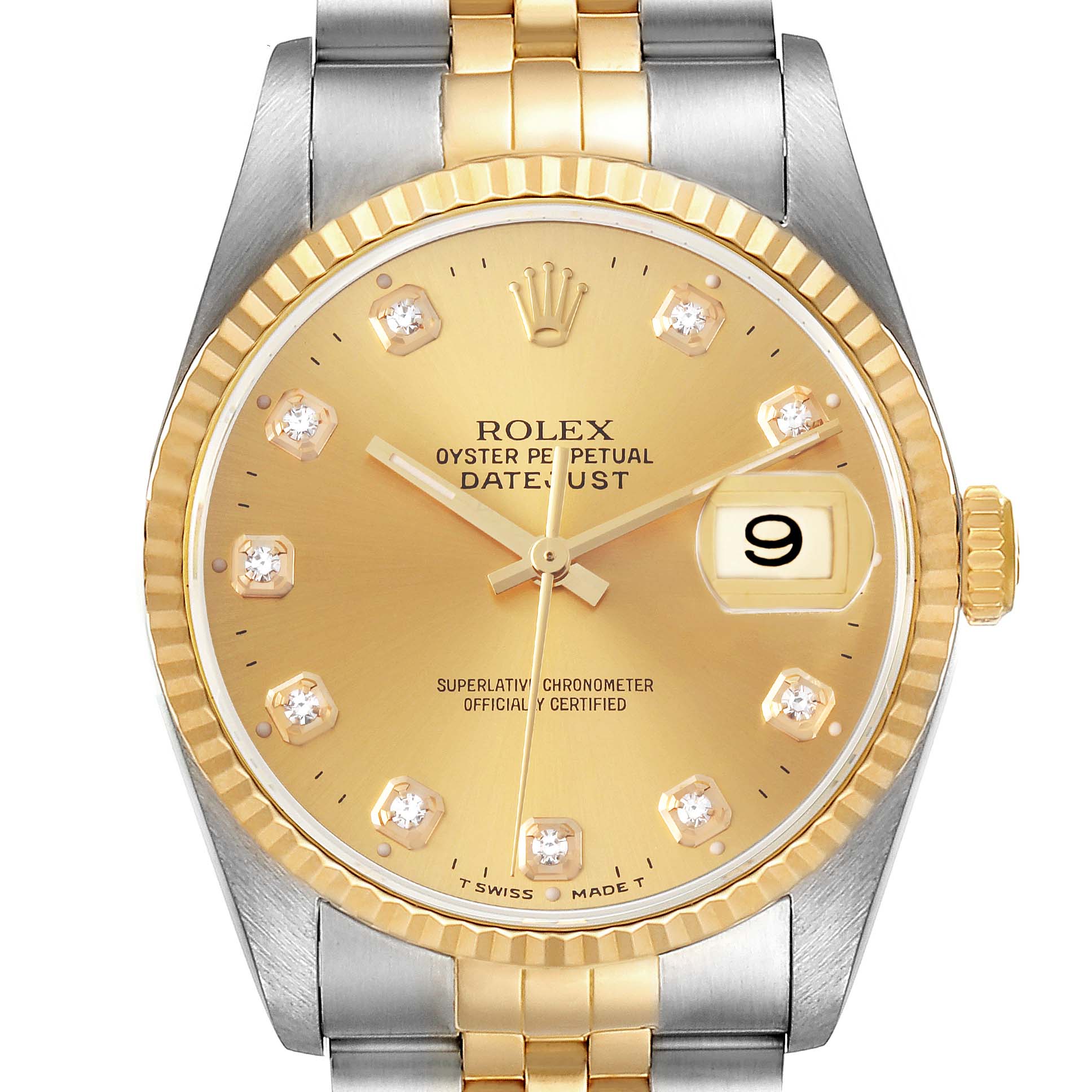 The image shows a frontal view of a Rolex Datejust 16233 Men's Steel and Gold (two tone) Champagne Dial 16233 Men's Steel and Gold (two tone) Champagne Dial watch, highlighting the dial, crown, and parts of the bracelet.