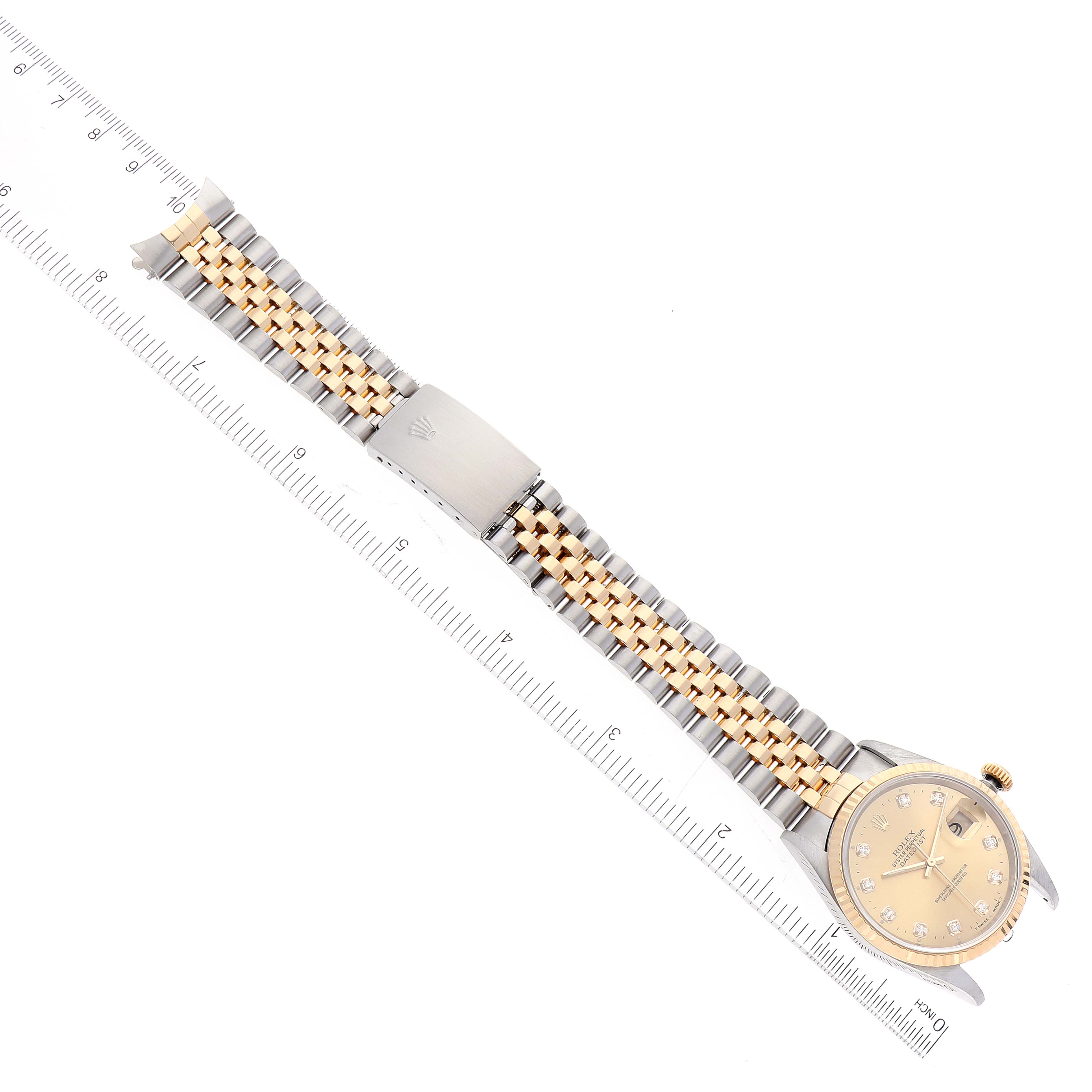 The Rolex Datejust 16233 Men's Steel and Gold (two tone) Champagne Dial 16233 Men's Steel and Gold (two tone) Champagne Dial watch is shown from a top-down angle, featuring its face, bracelet, and clasp.