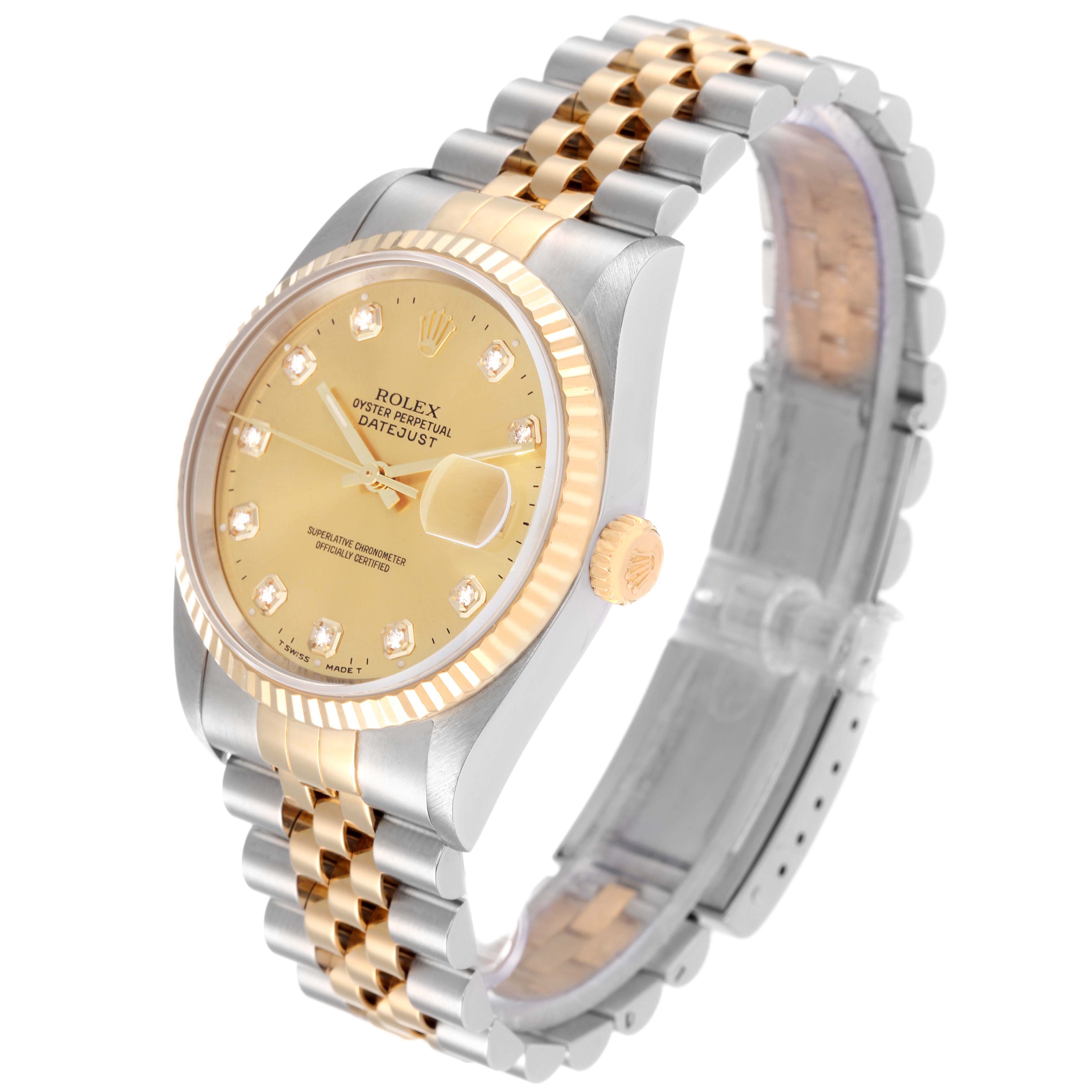 The image shows a Rolex Datejust 16233 Men's Steel and Gold (two tone) Champagne Dial 16233 Men's Steel and Gold (two tone) Champagne Dial watch at a slight angle, highlighting the dial, bezel, crown, and Jubilee bracelet.