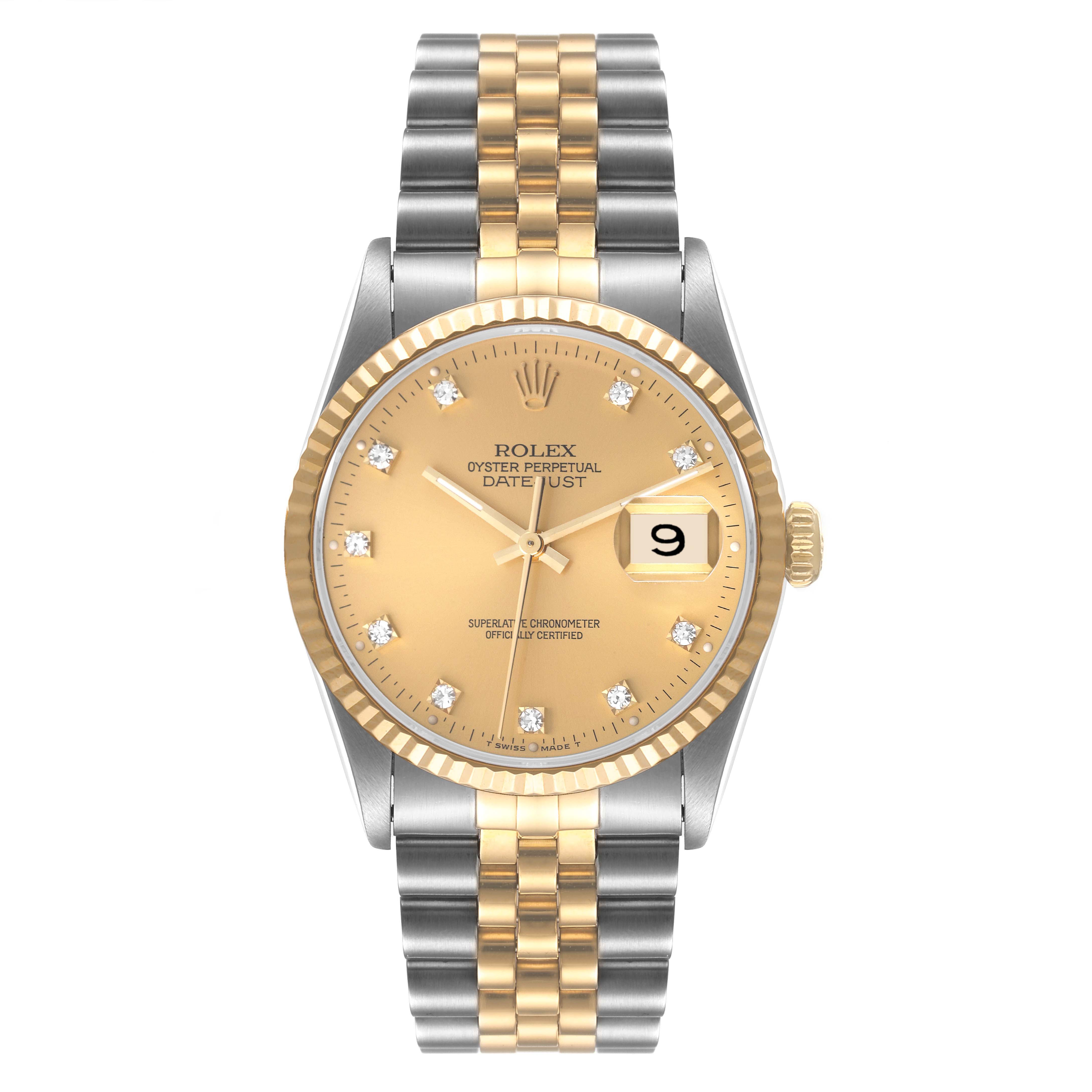 The image shows a Rolex Datejust 16233 Men's Steel and Gold (two tone) Champagne Dial 16233 Men's Steel and Gold (two tone) Champagne Dial watch from a front angle, highlighting its gold and silver bracelet, champagne dial, and diamond hour markers.