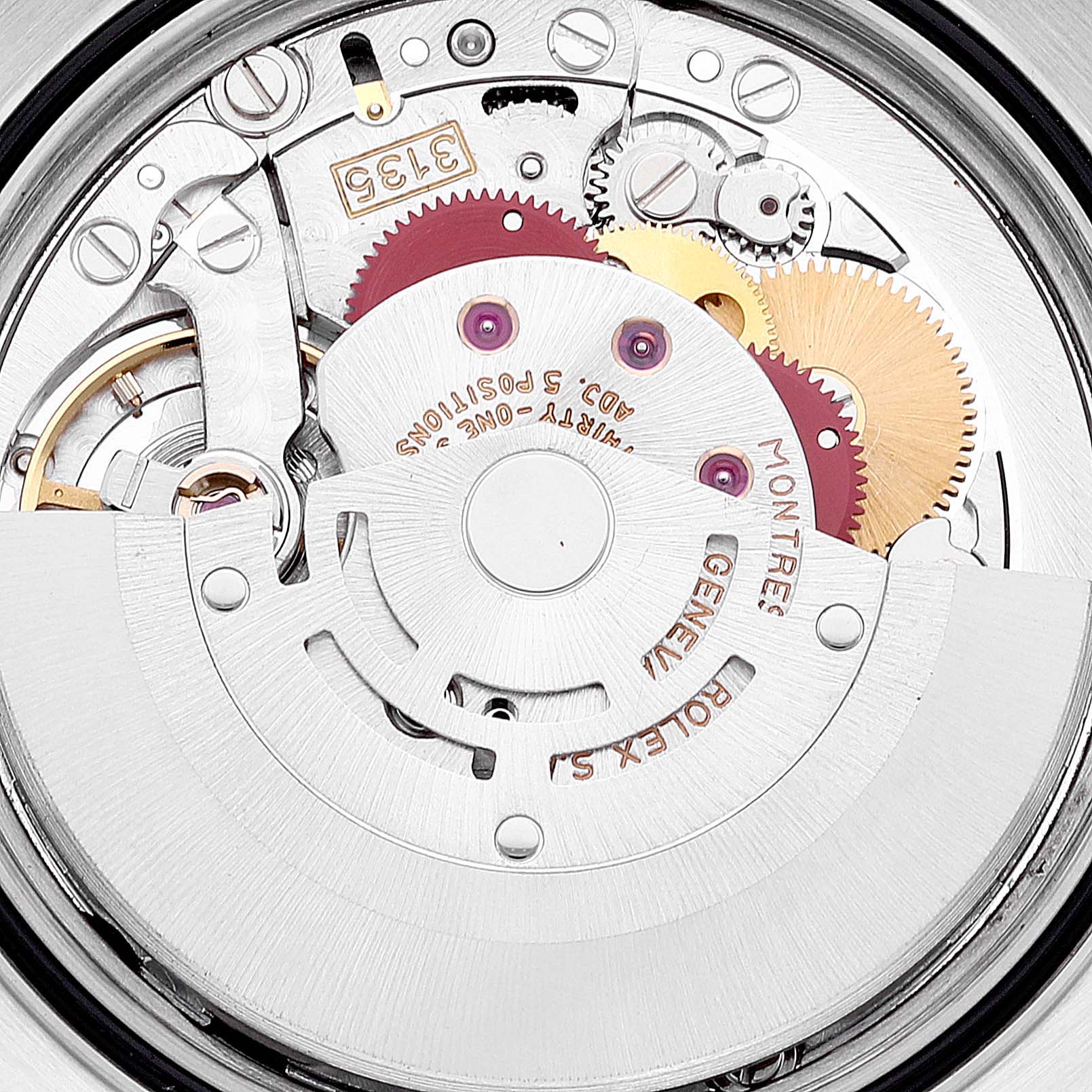 This image shows the inner mechanical movement of a Rolex Datejust 16233 Men's Steel and Gold (two tone) Champagne Dial 16233 Men's Steel and Gold (two tone) Champagne Dial watch at a close-up angle.