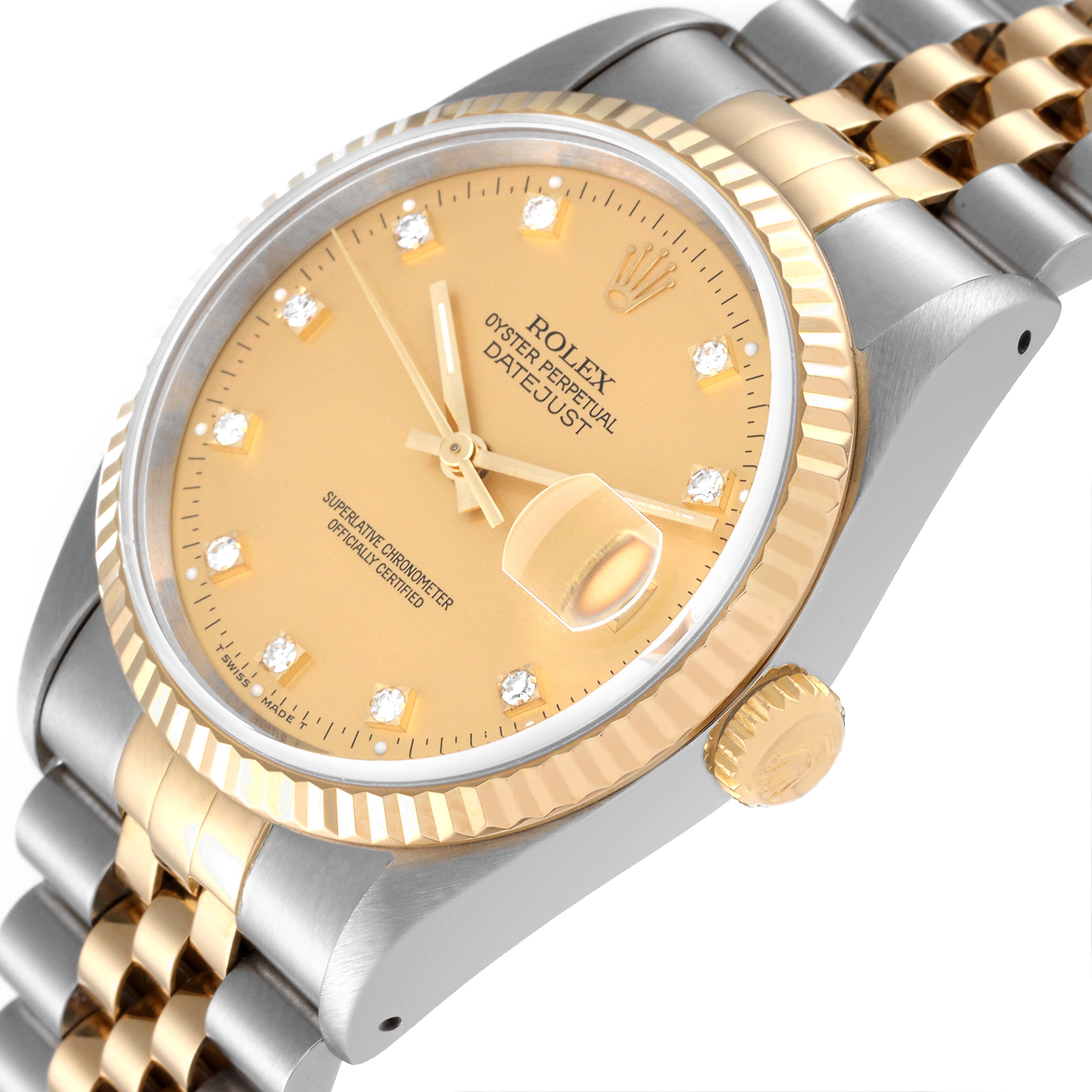 This image shows a close-up angled view of the dial, bezel, and part of the bracelet of a Rolex Datejust 16233 Men's Steel and Gold (two tone) Champagne Dial 16233 Men's Steel and Gold (two tone) Champagne Dial watch.