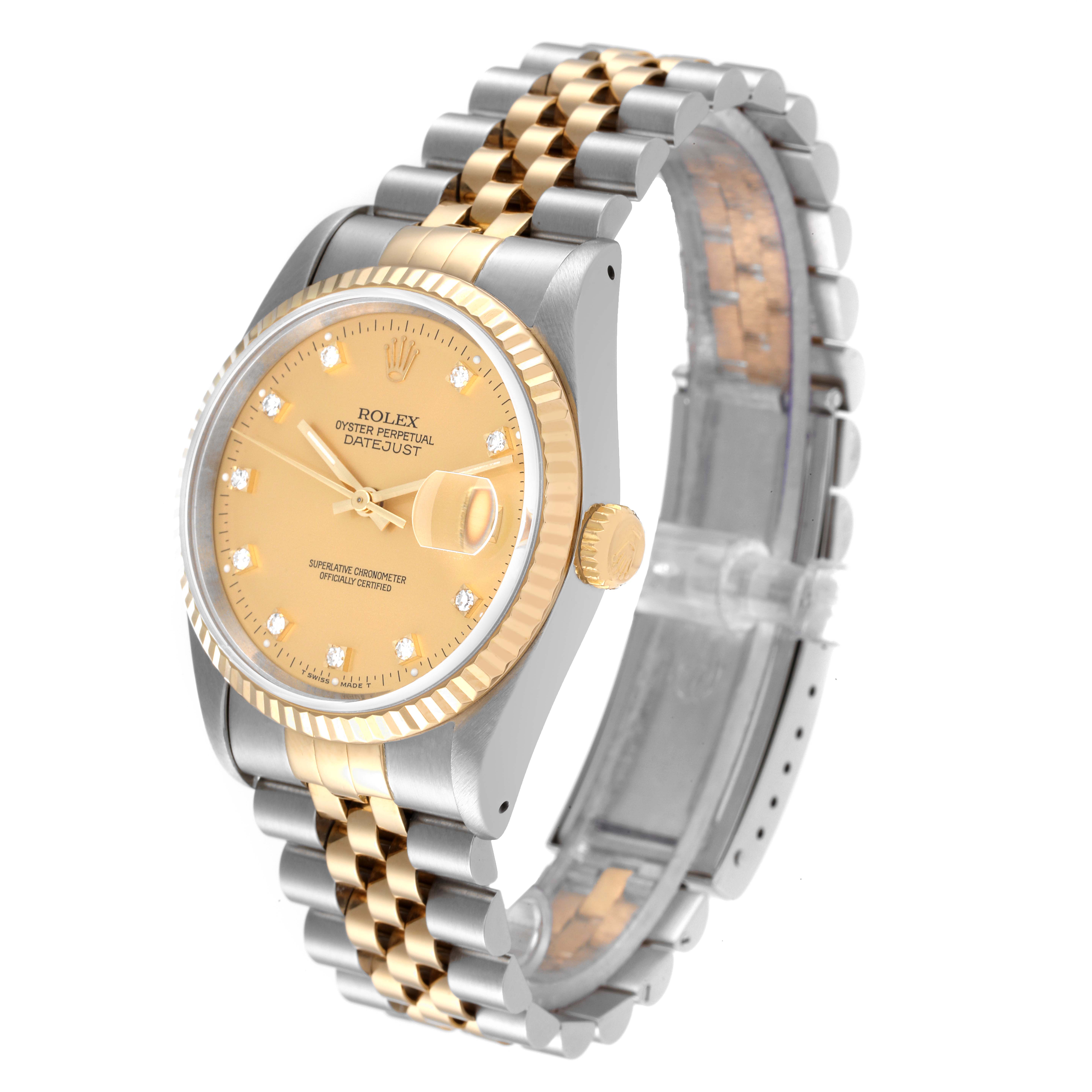 This image shows a side-angle view of a Rolex Datejust 16233 Men's Steel and Gold (two tone) Champagne Dial 16233 Men's Steel and Gold (two tone) Champagne Dial watch, highlighting its two-tone bracelet, crown, and dial.