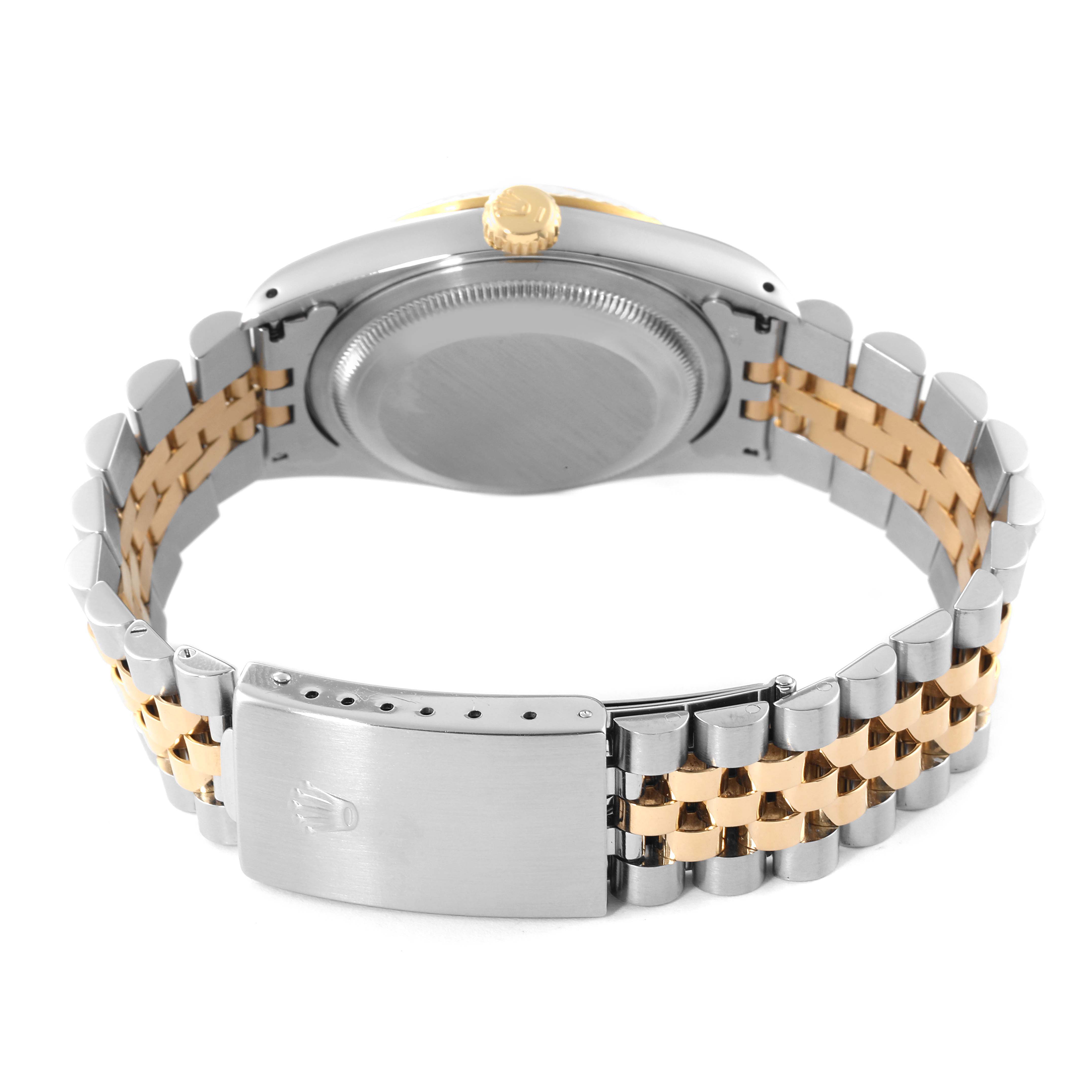 The image shows the back view of the Rolex Datejust 16233 Men's Steel and Gold (two tone) Champagne Dial 16233 Men's Steel and Gold (two tone) Champagne Dial watch, highlighting its two-tone bracelet and closed clasp.