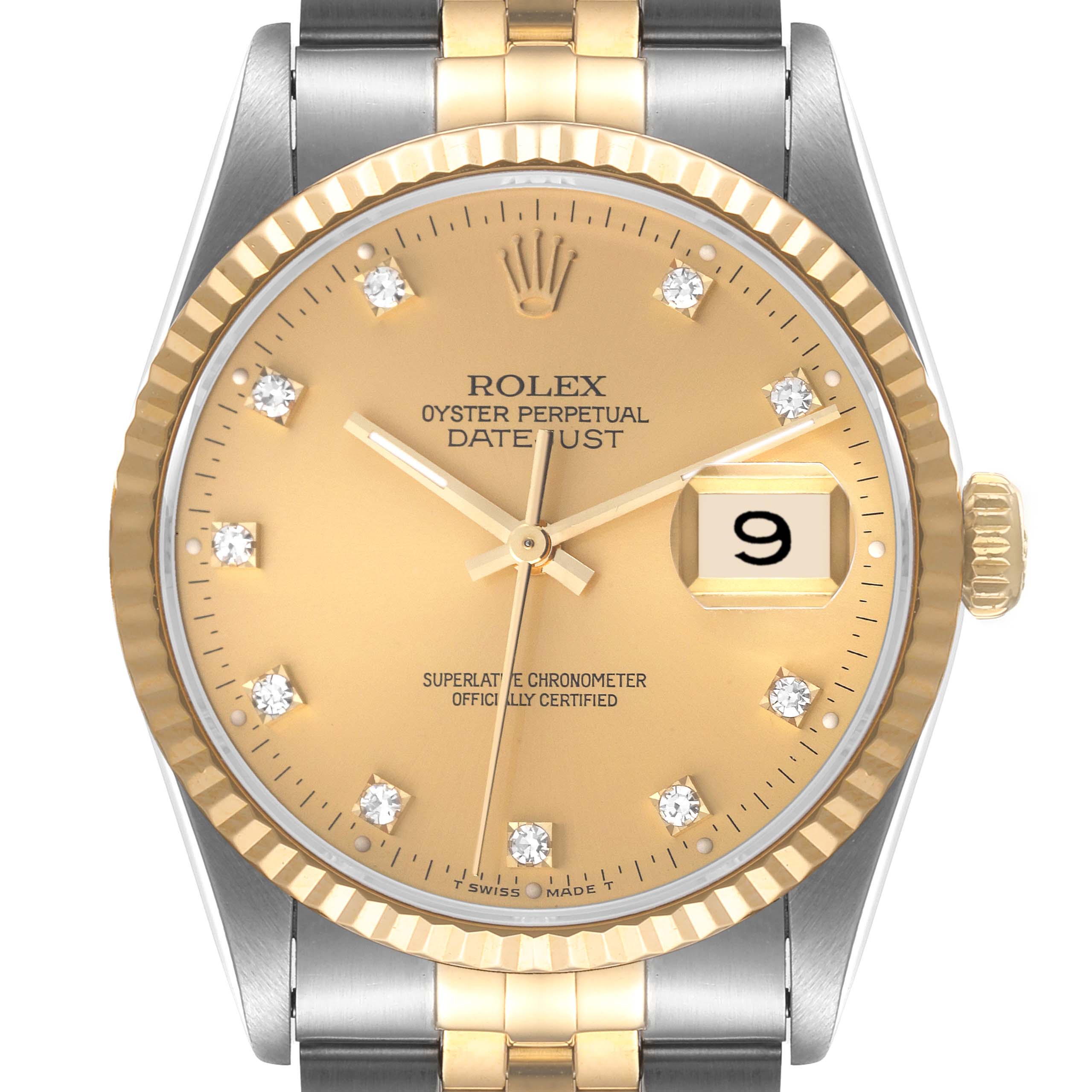 This image shows a frontal view of a Rolex Datejust 16233 Men's Steel and Gold (two tone) Champagne Dial 16233 Men's Steel and Gold (two tone) Champagne Dial watch, displaying the face, bezel, and partial bracelet.