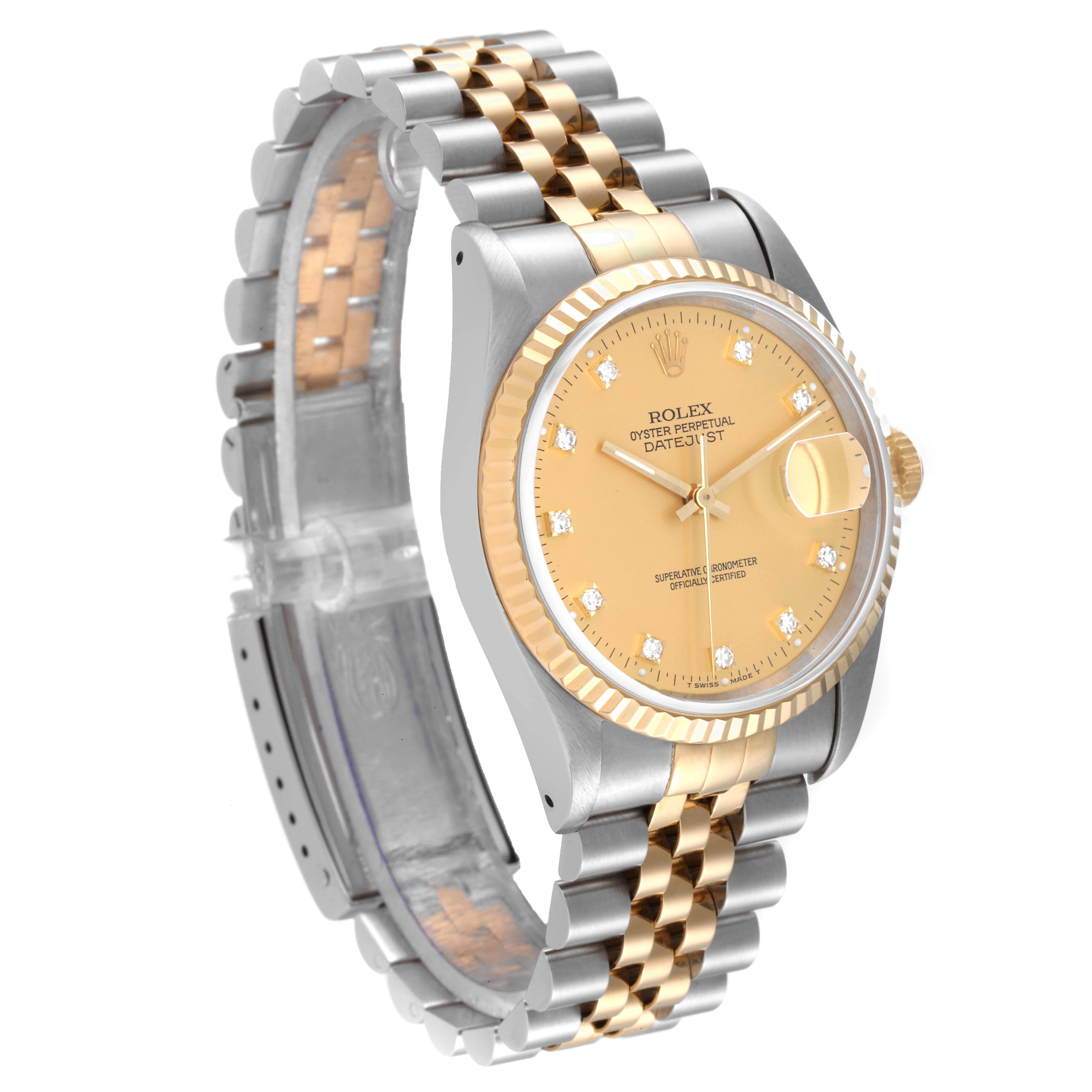 The Rolex Datejust 16233 Men's Steel and Gold (two tone) Champagne Dial 16233 Men's Steel and Gold (two tone) Champagne Dial model watch is shown at an oblique angle, highlighting its two-tone bracelet, gold bezel, and champagne dial.