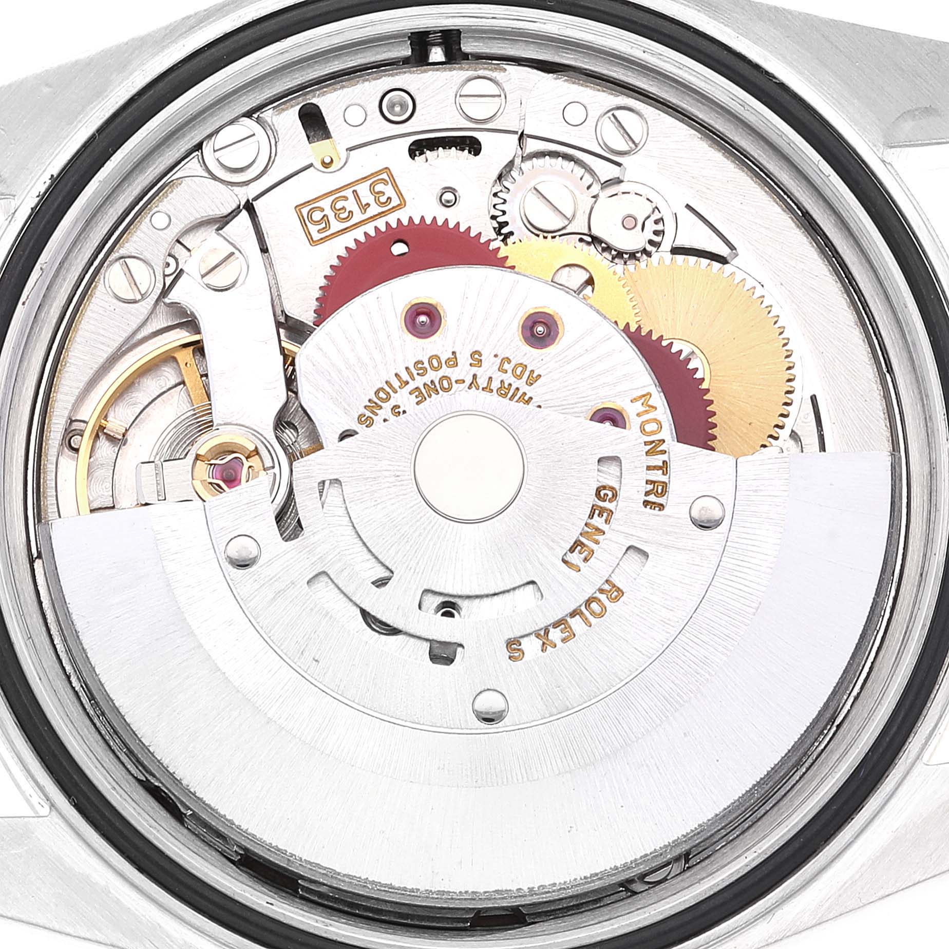 This image shows a close-up, detailed view of the inner mechanical movement of a Rolex Datejust 16233 Men's Steel and Gold (two tone) Champagne Dial 16233 Men's Steel and Gold (two tone) Champagne Dial watch.