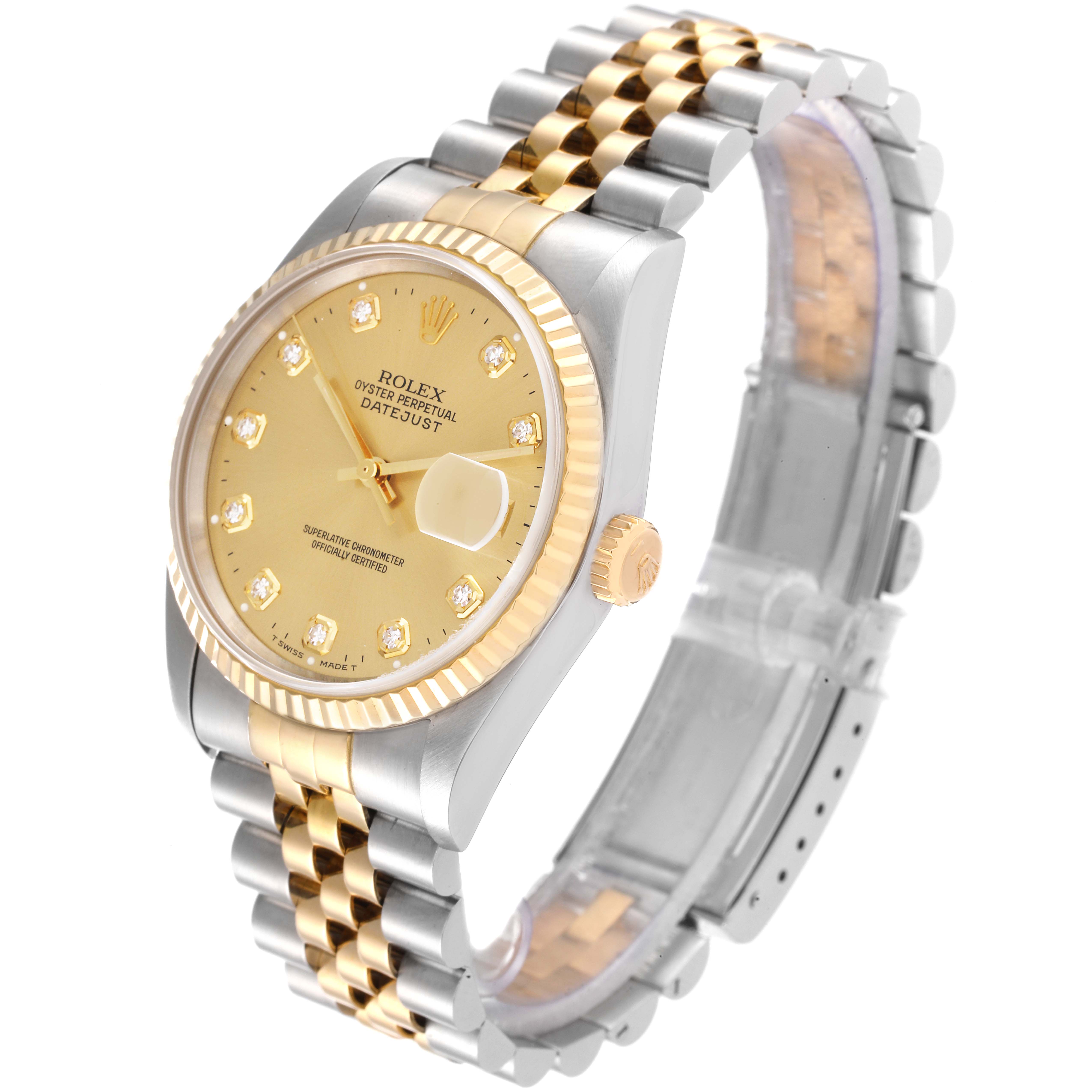 This image shows a Rolex Datejust 16233 Men's Steel and Gold (two tone) Champagne Dial 16233 Men's Steel and Gold (two tone) Champagne Dial watch at an angled view, highlighting the face, bezel, crown, and two-tone Jubilee bracelet.