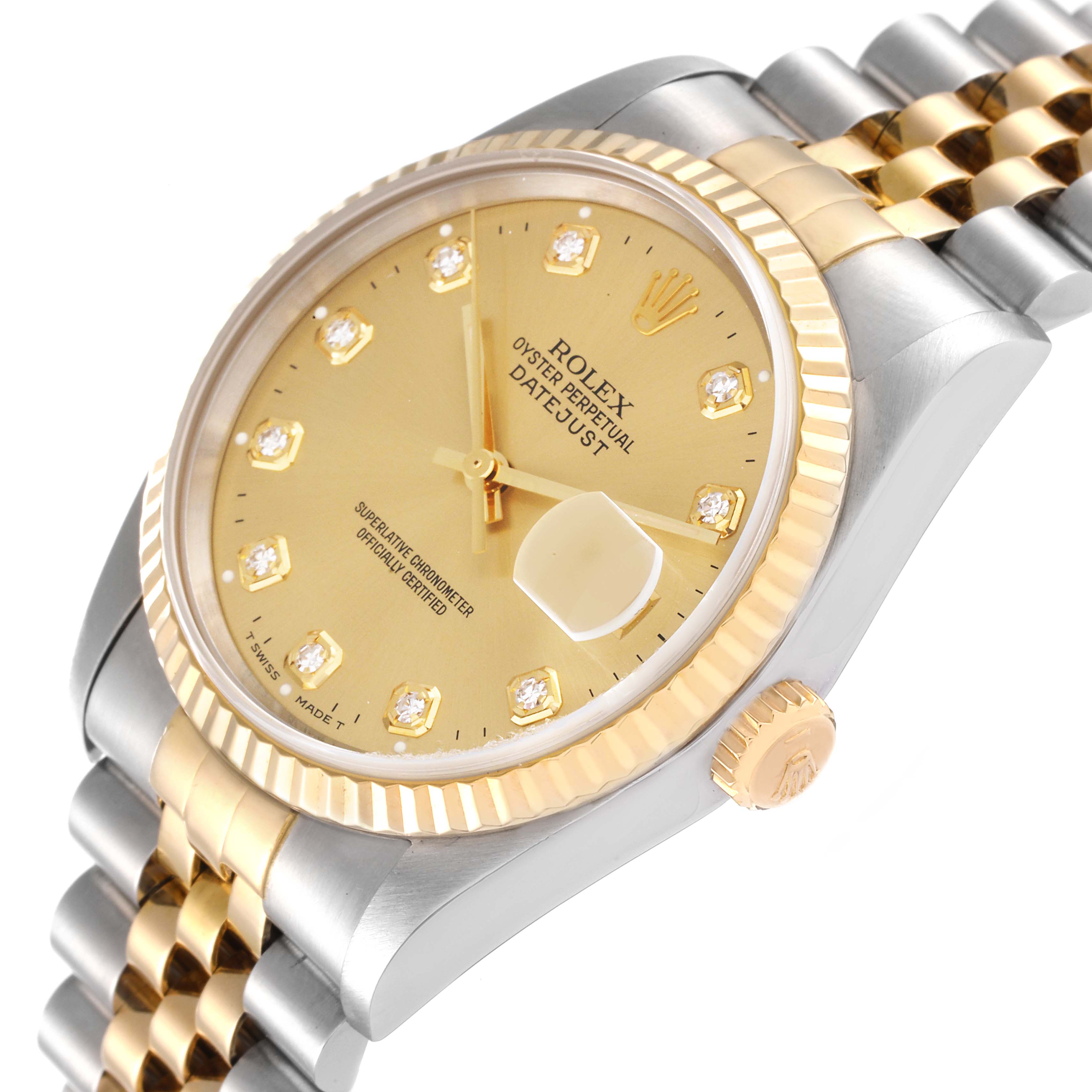 The image shows a close-up of the Rolex Datejust 16233 Men's Steel and Gold (two tone) Champagne Dial 16233 Men's Steel and Gold (two tone) Champagne Dial watch at a three-quarter angle, highlighting the dial, crown, and two-tone bracelet.