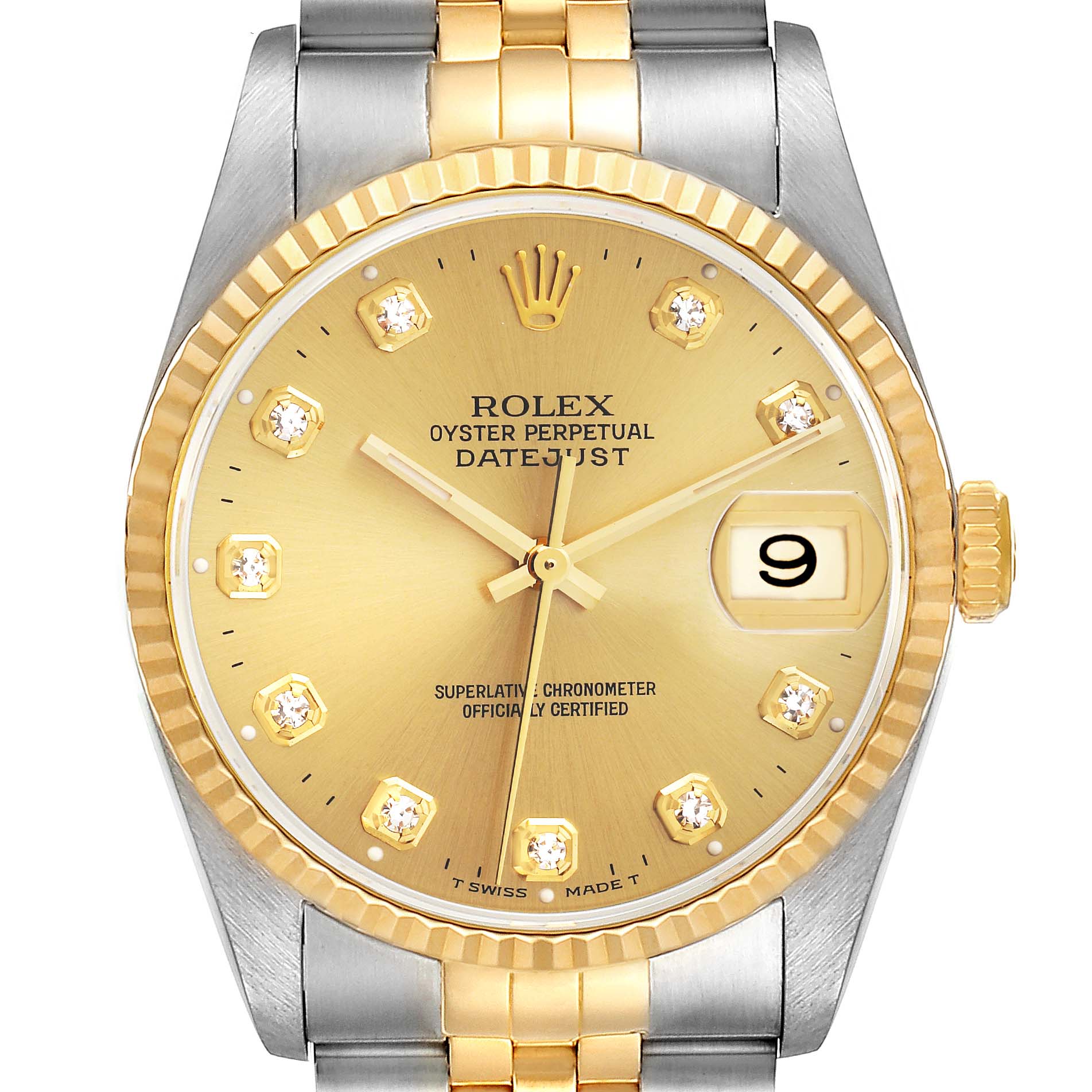 This image shows a front view of a Rolex Datejust 16233 Men's Steel and Gold (two tone) Champagne Dial 16233 Men's Steel and Gold (two tone) Champagne Dial watch, highlighting its gold dial, date display, and two-tone bracelet.