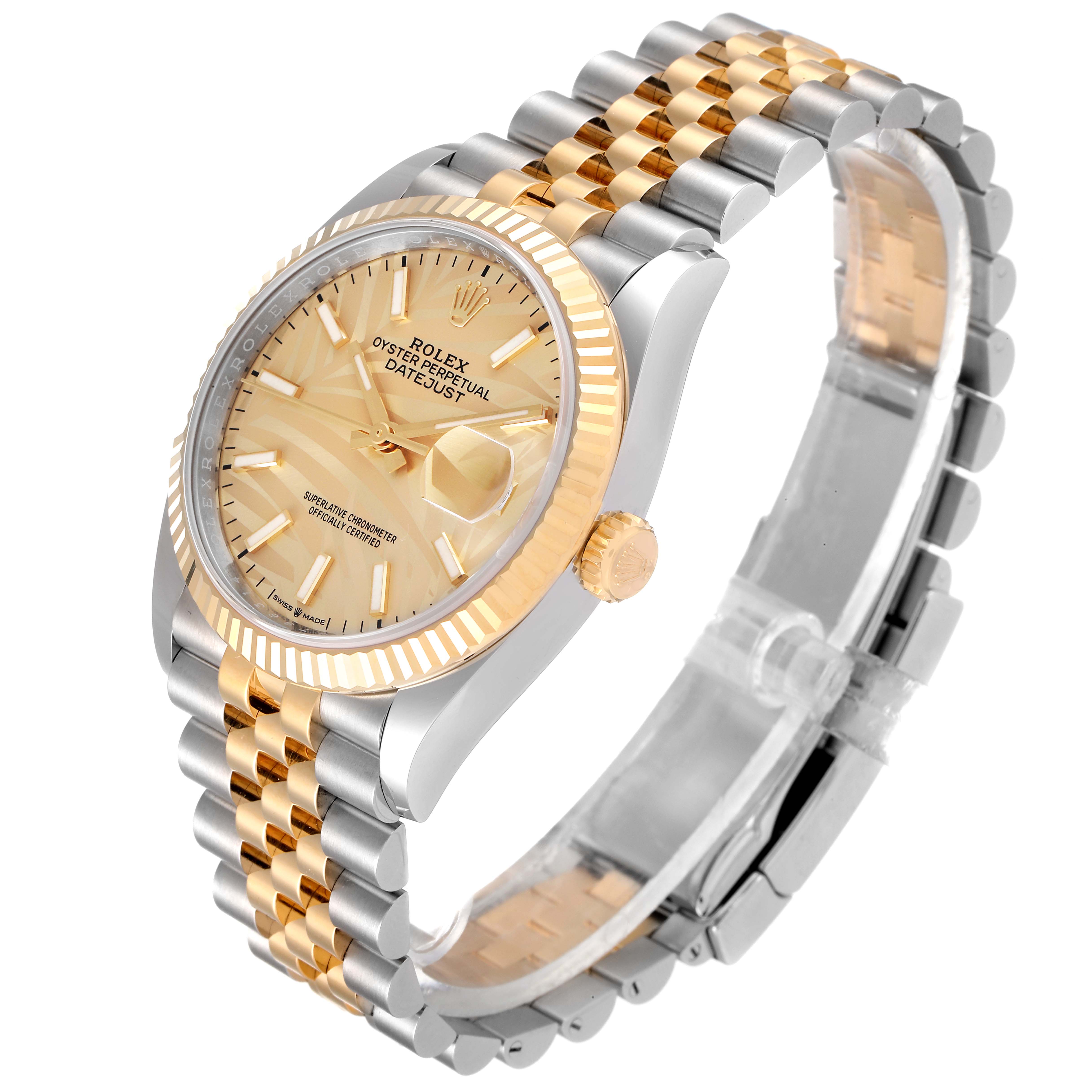 This image shows a Rolex Datejust 126233 Men's Steel and Gold (two tone) Champagne Dial 126233 Men's Steel and Gold (two tone) Champagne Dial watch at a three-quarter angle, highlighting its gold and silver two-tone bracelet and fluted bezel.