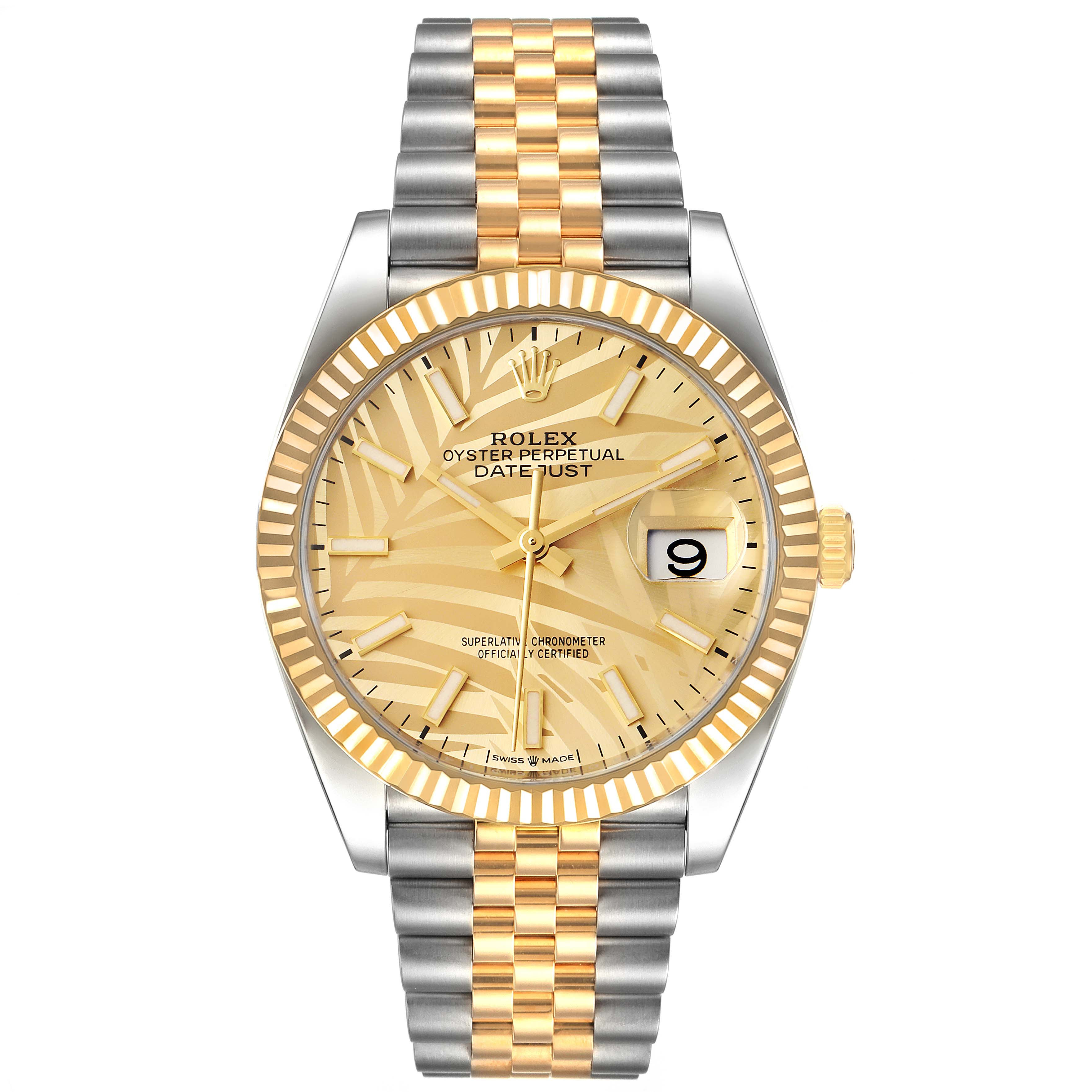 The image shows a Rolex Datejust 126233 Men's Steel and Gold (two tone) Champagne Dial 126233 Men's Steel and Gold (two tone) Champagne Dial watch, viewed from the front, highlighting its face, hands, bezel, and two-tone bracelet.