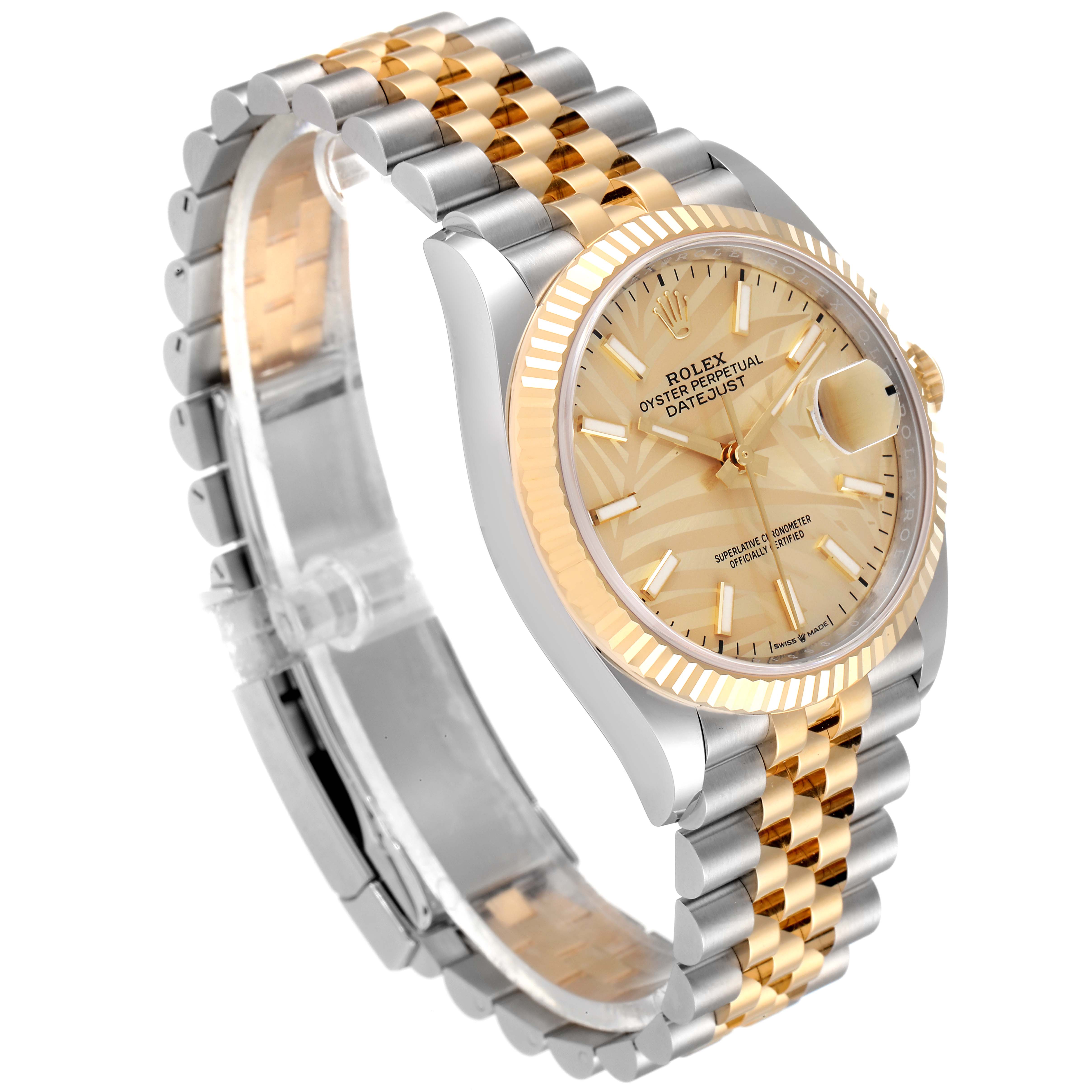 The image shows a Rolex Datejust 126233 Men's Steel and Gold (two tone) Champagne Dial 126233 Men's Steel and Gold (two tone) Champagne Dial watch at a three-quarter angle, highlighting the face, fluted bezel, and two-tone bracelet.