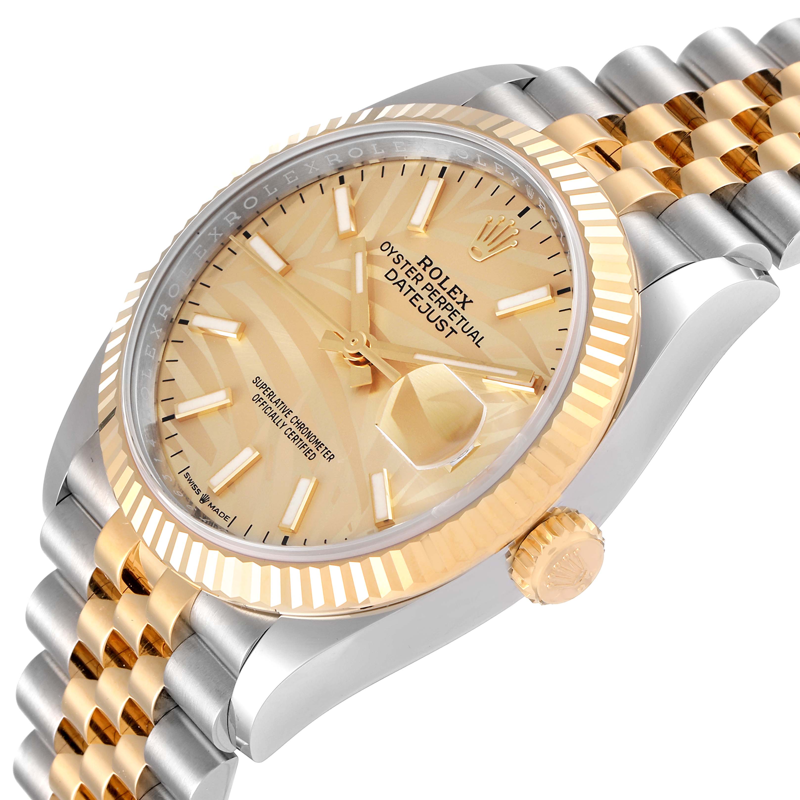This image shows a Rolex Datejust 126233 Men's Steel and Gold (two tone) Champagne Dial 126233 Men's Steel and Gold (two tone) Champagne Dial watch from an angled perspective, highlighting its dial, bezel, crown, and part of the bracelet.