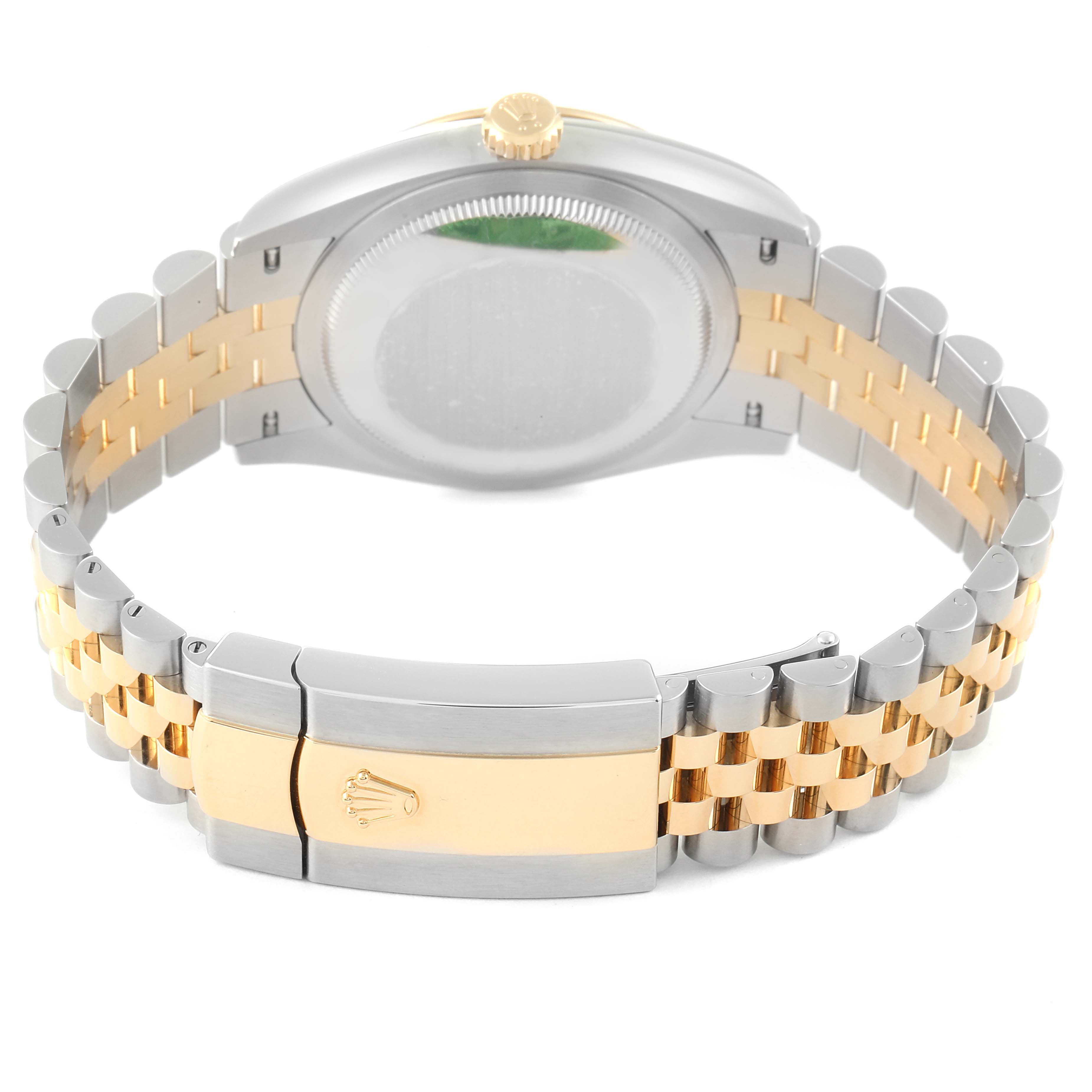 The image shows the back view of a Rolex Datejust 126233 Men's Steel and Gold (two tone) Champagne Dial 126233 Men's Steel and Gold (two tone) Champagne Dial watch, focusing on the case back and Jubilee bracelet with a clasp.