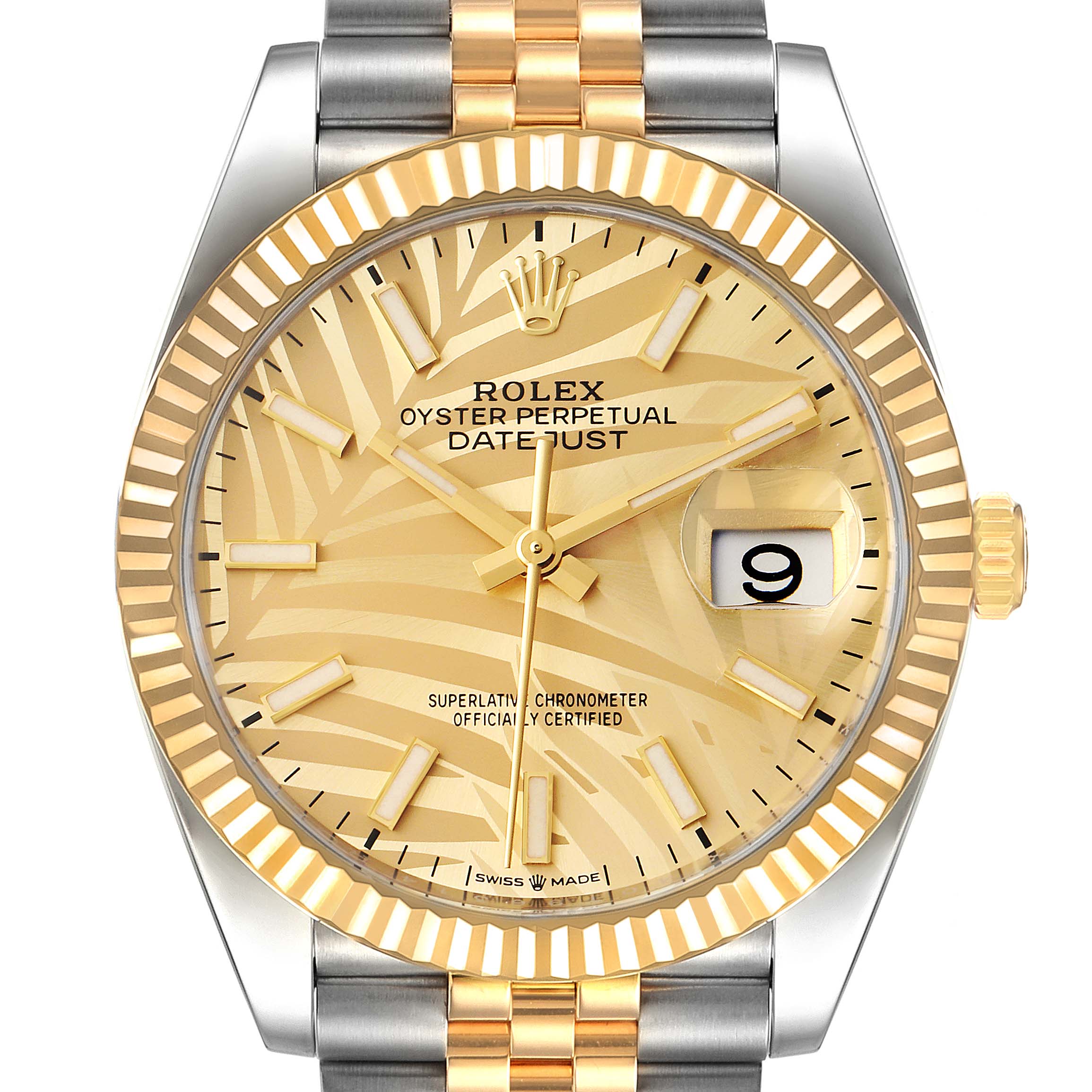This image shows a front view of a Rolex Datejust 126233 Men's Steel and Gold (two tone) Champagne Dial 126233 Men's Steel and Gold (two tone) Champagne Dial watch, featuring its gold and silver Jubilee bracelet, gold dial, and fluted bezel.