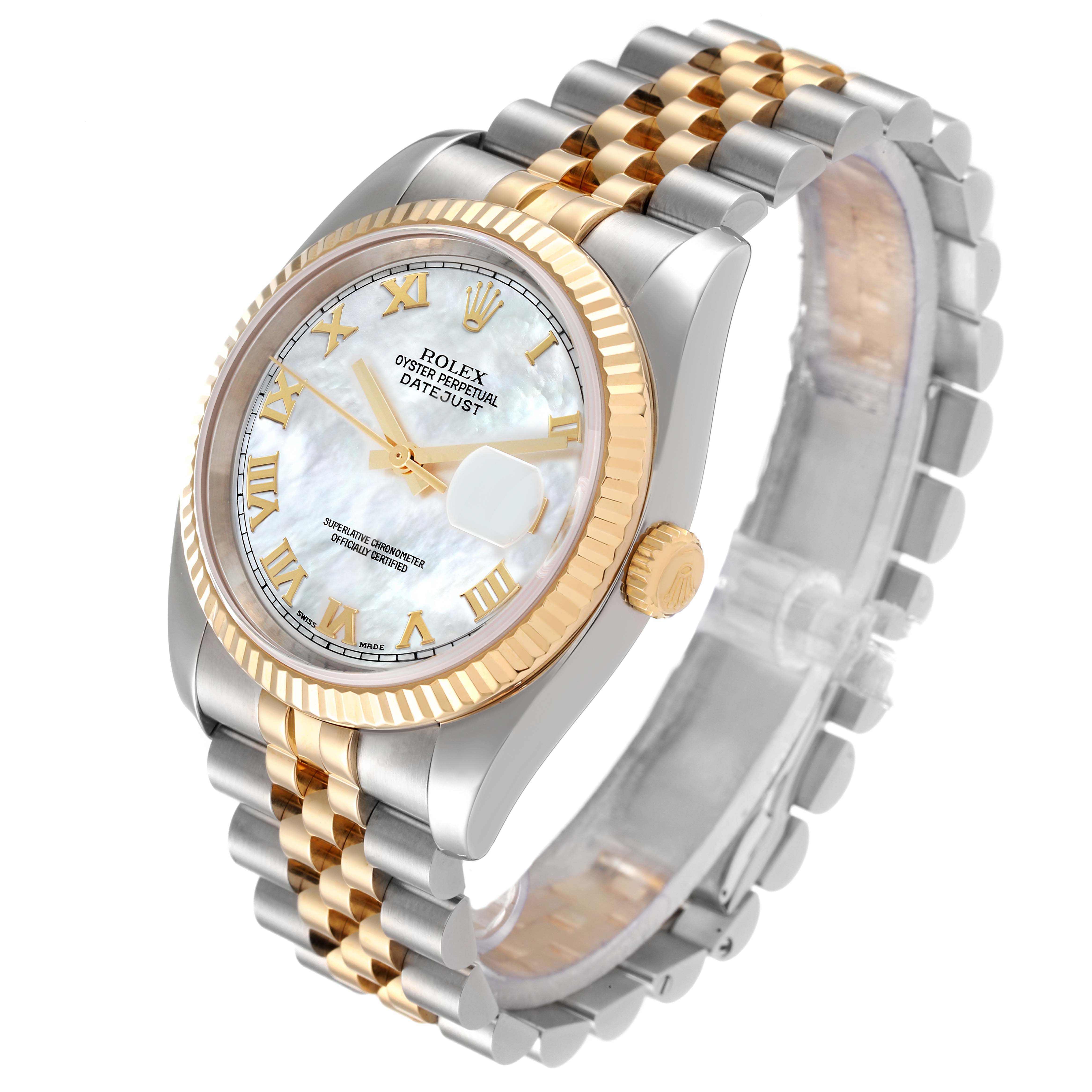The image shows a Rolex Datejust 116233 Men's Steel and Gold (two tone) Mother of Pearl Dial 116233 Men's Steel and Gold (two tone) Mother of Pearl Dial watch from an angled side view, highlighting the dial, bezel, crown, and two-tone bracelet.