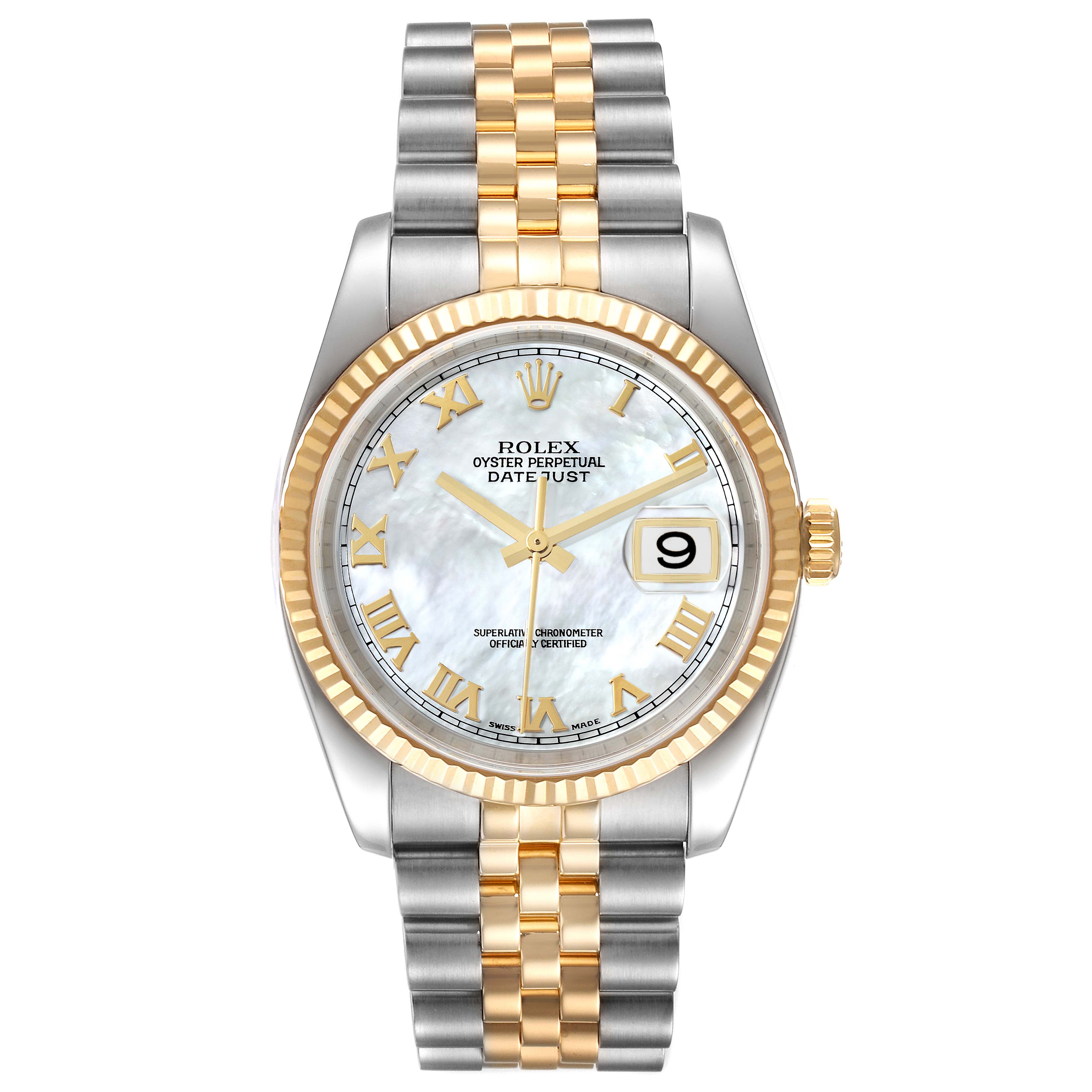 This image shows a Rolex Datejust 116233 Men's Steel and Gold (two tone) Mother of Pearl Dial 116233 Men's Steel and Gold (two tone) Mother of Pearl Dial watch with a mother-of-pearl dial, gold accents, and a two-tone bracelet, viewed from the front.