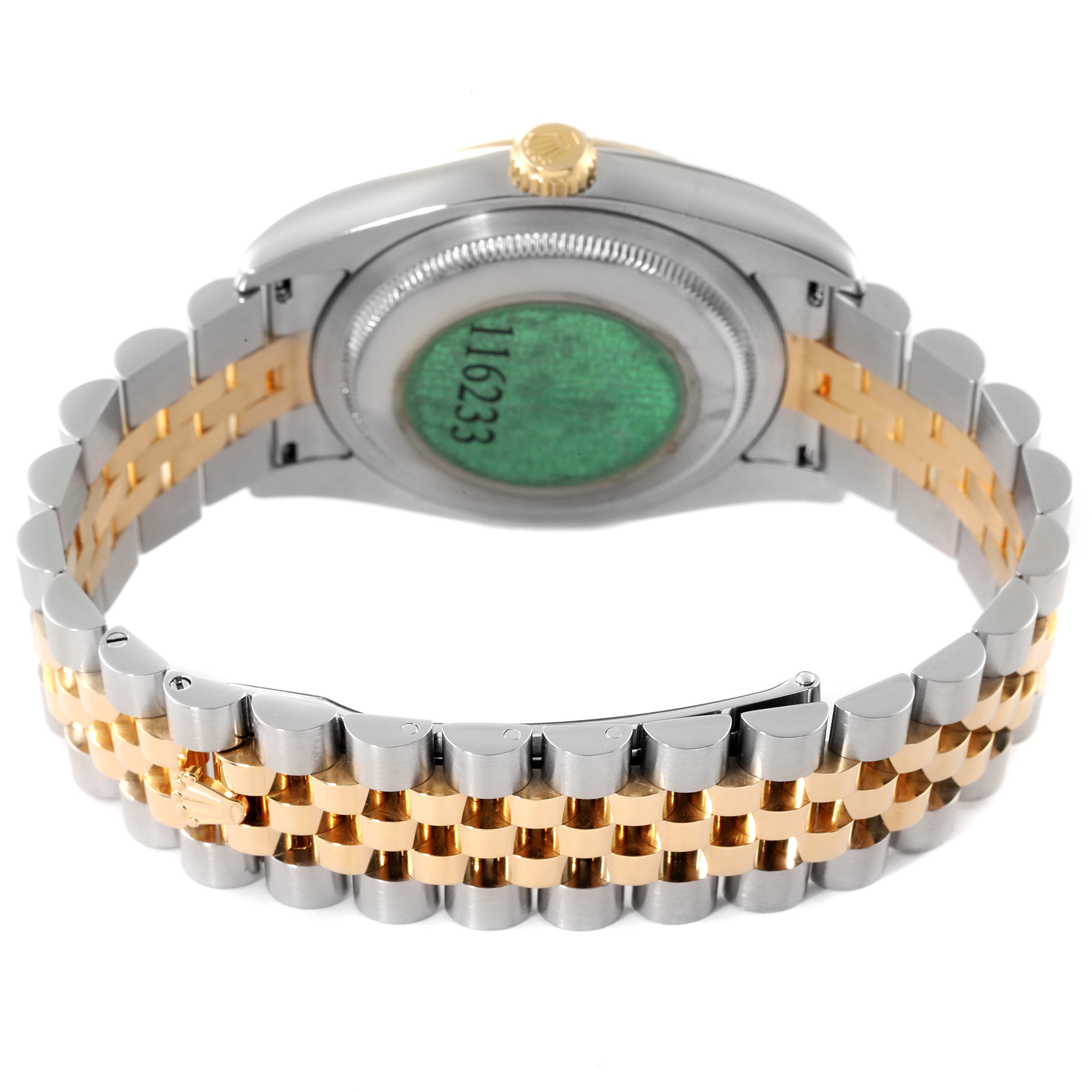 The image shows the backside and bracelet of a Rolex Datejust 116233 Men's Steel and Gold (two tone) Mother of Pearl Dial 116233 Men's Steel and Gold (two tone) Mother of Pearl Dial, including the serial number sticker and gold and steel Jubilee bracelet.