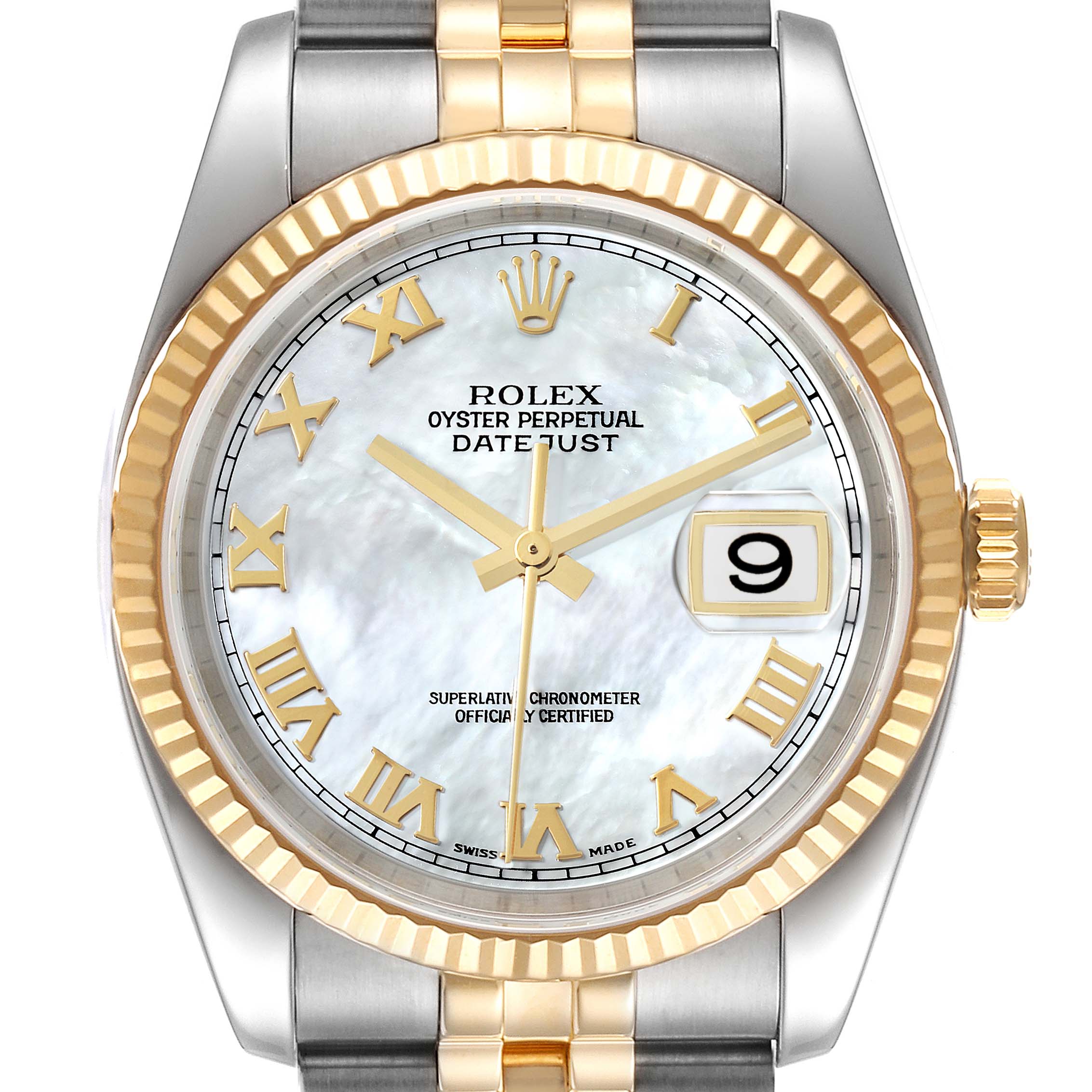 This Rolex Datejust 116233 Men's Steel and Gold (two tone) Mother of Pearl Dial 116233 Men's Steel and Gold (two tone) Mother of Pearl Dial watch is shown from the front, displaying the dial, bezel, crown, and part of the bracelet.
