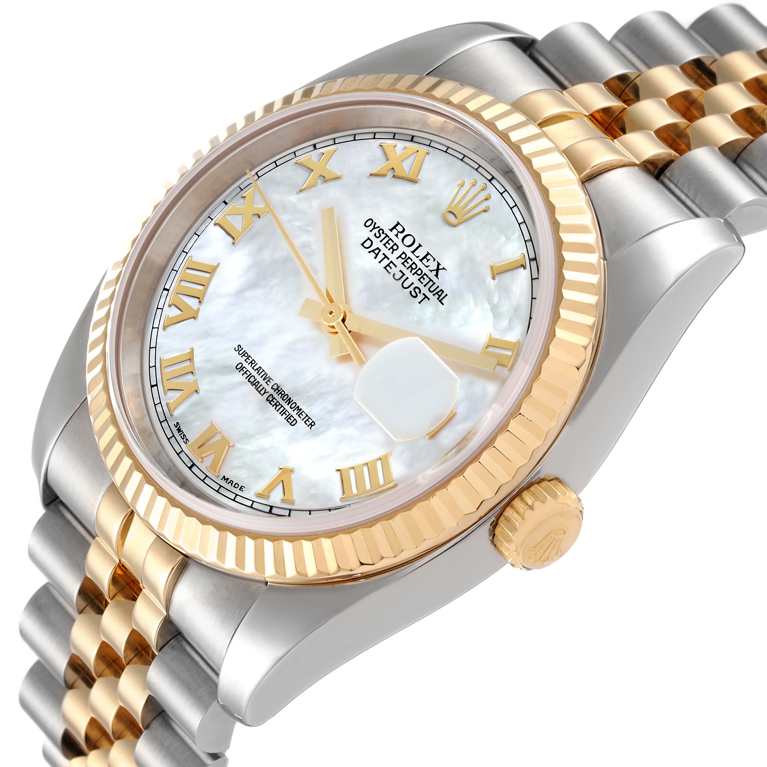 The image shows a close-up side angle of a Rolex Datejust 116233 Men's Steel and Gold (two tone) Mother of Pearl Dial 116233 Men's Steel and Gold (two tone) Mother of Pearl Dial watch, highlighting its face, bezel, and bracelet.