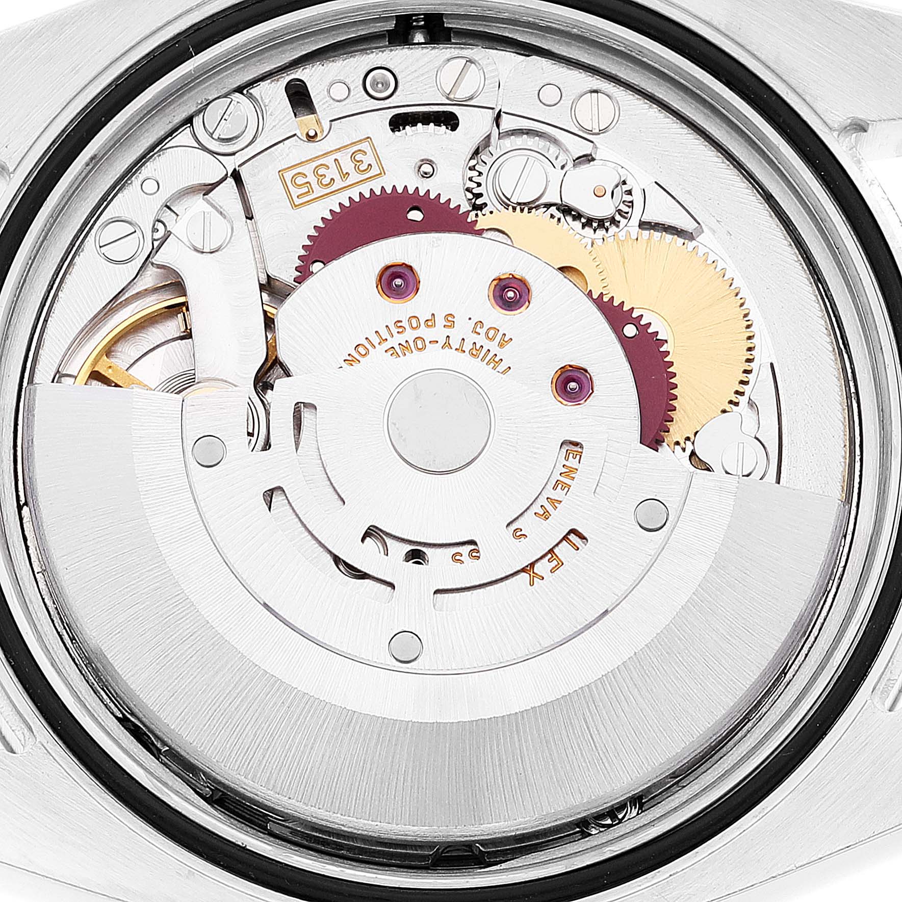 This image shows the internal mechanism of the Rolex Datejust 116233 Men's Steel and Gold (two tone) Mother of Pearl Dial 116233 Men's Steel and Gold (two tone) Mother of Pearl Dial watch viewed from the back.