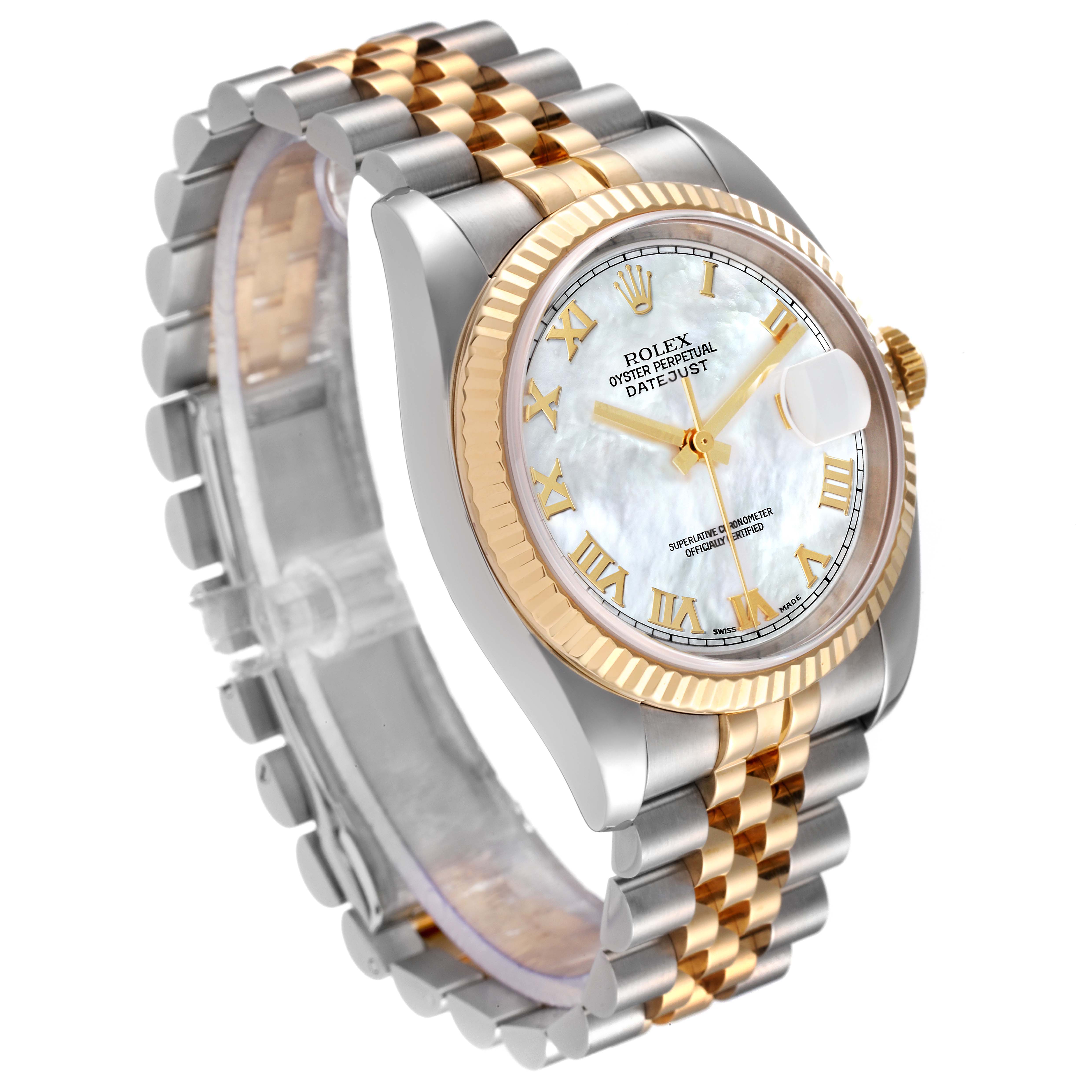 The image shows a Rolex Datejust 116233 Men's Steel and Gold (two tone) Mother of Pearl Dial 116233 Men's Steel and Gold (two tone) Mother of Pearl Dial watch at a three-quarter angle, highlighting its gold and steel bracelet and bezel.