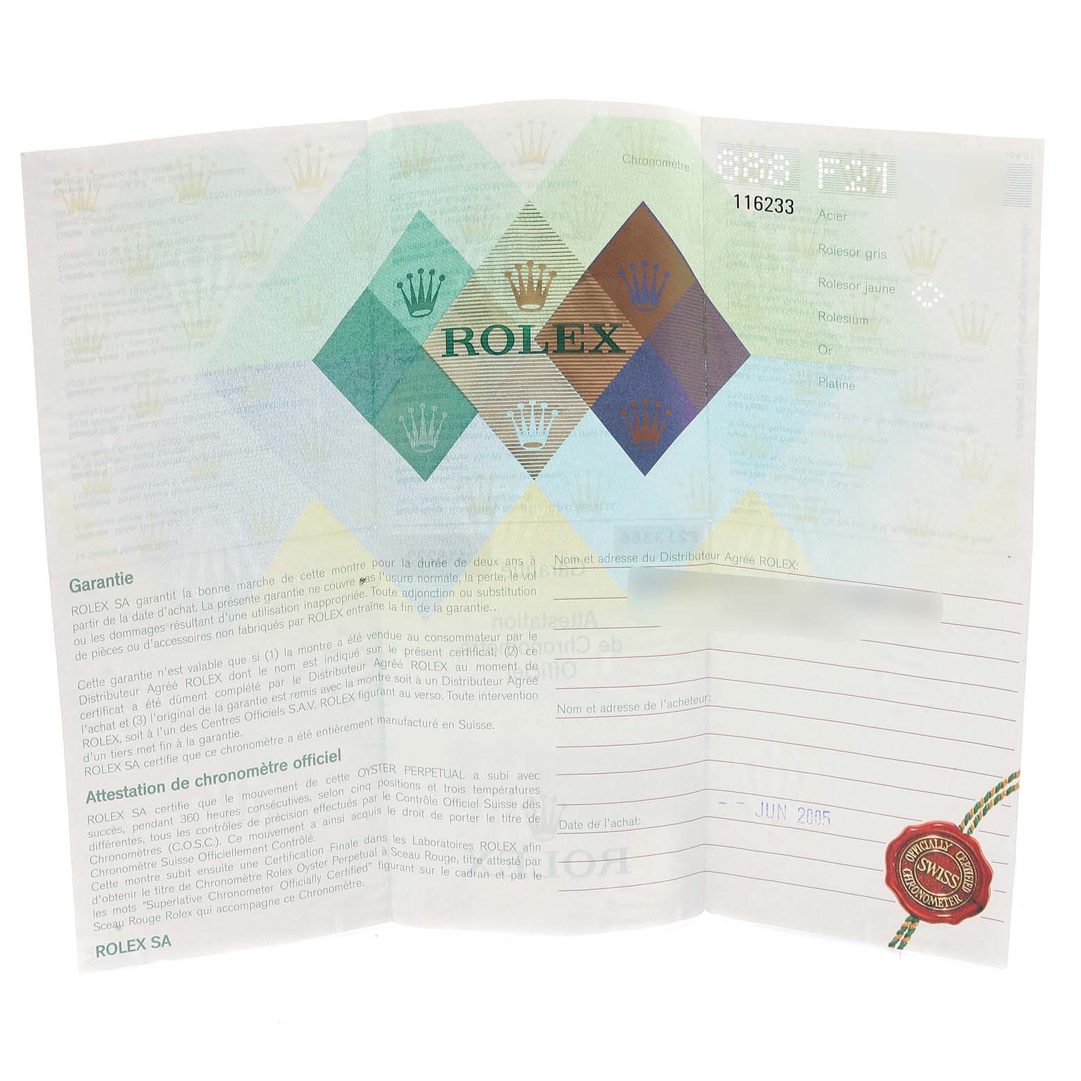 This image shows the warranty certificate for the Rolex Datejust 116233 Men's Steel and Gold (two tone) Mother of Pearl Dial 116233 Men's Steel and Gold (two tone) Mother of Pearl Dial watch.