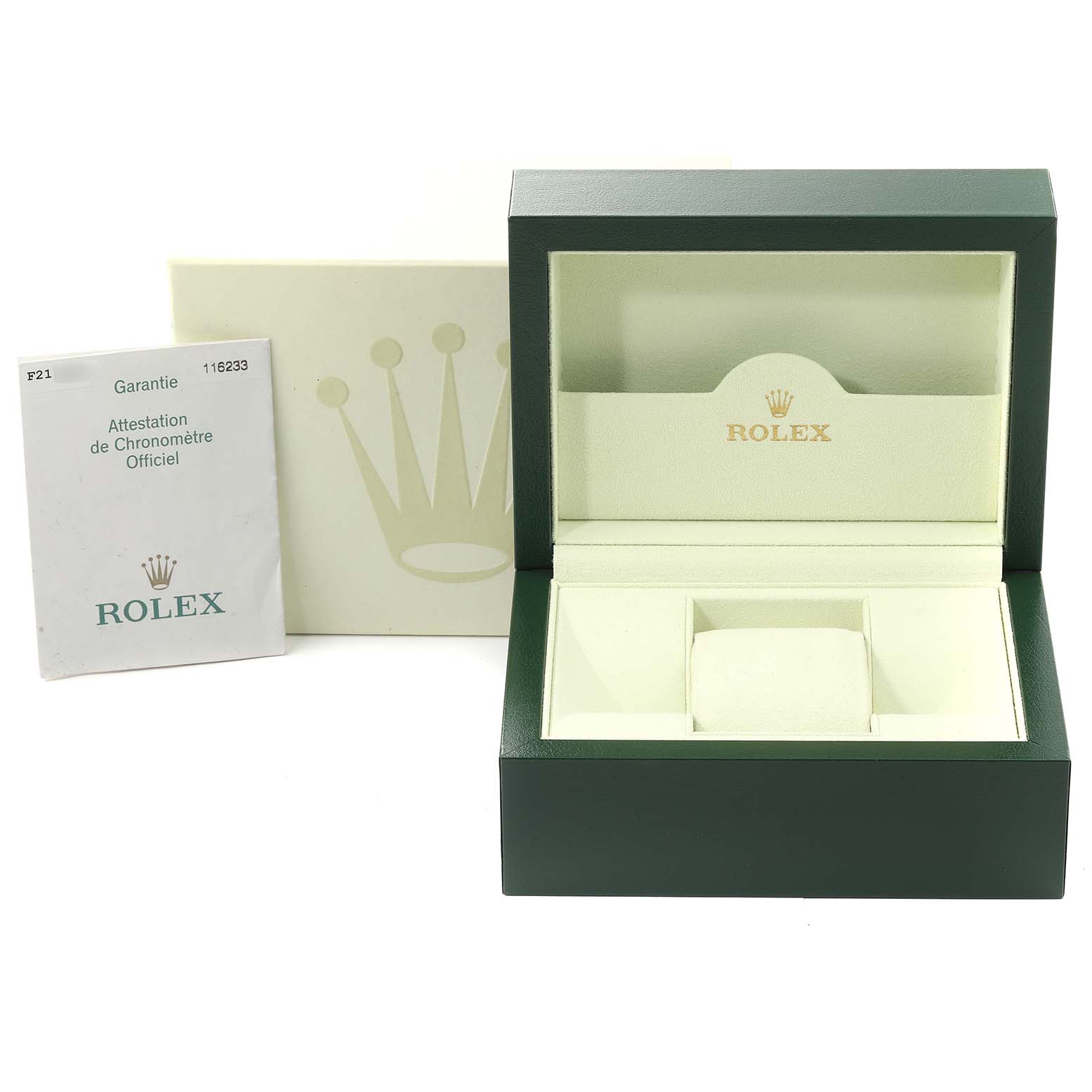 This image shows an open Rolex Datejust 116233 Men's Steel and Gold (two tone) Mother of Pearl Dial 116233 Men's Steel and Gold (two tone) Mother of Pearl Dial watch box with accompanying booklet and outer packaging.