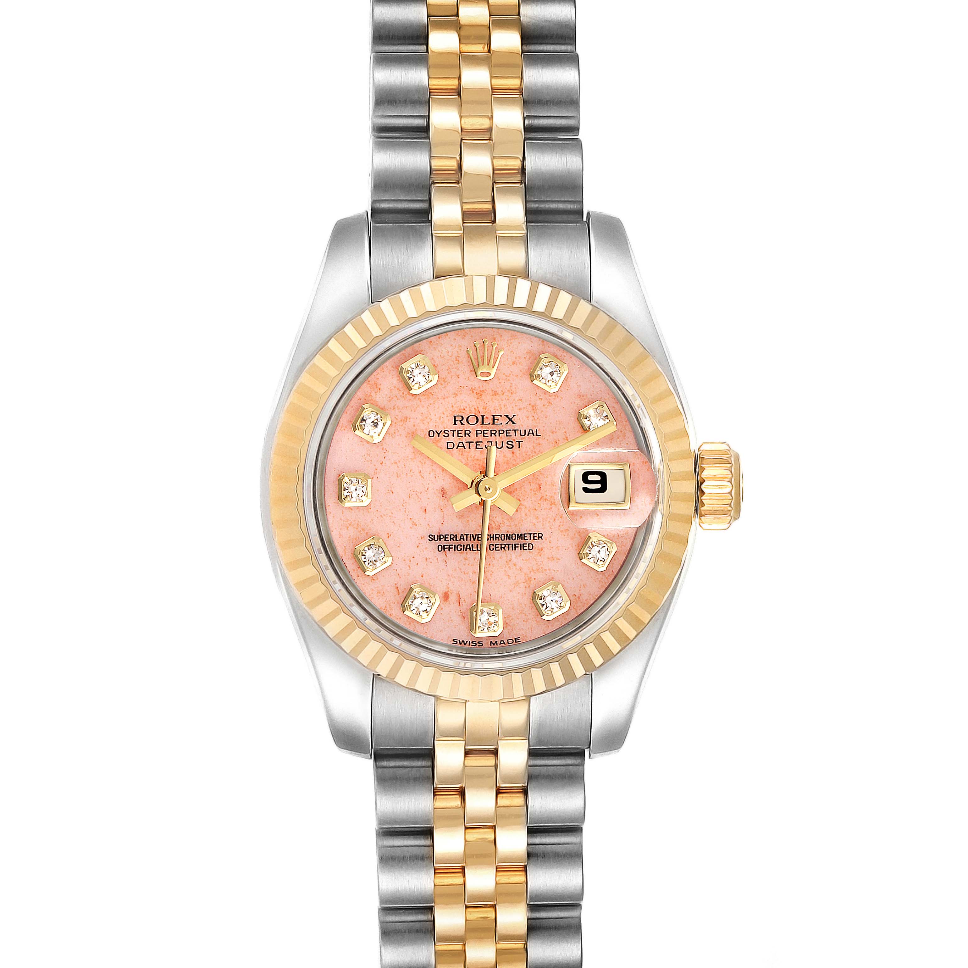 This Rolex Datejust 179173 Women's Steel and Gold (two tone) Pink Dial 179173 Women's Steel and Gold (two tone) Pink Dial watch is shown from a front angle, displaying its pink dial, date window, and two-tone bracelet.
