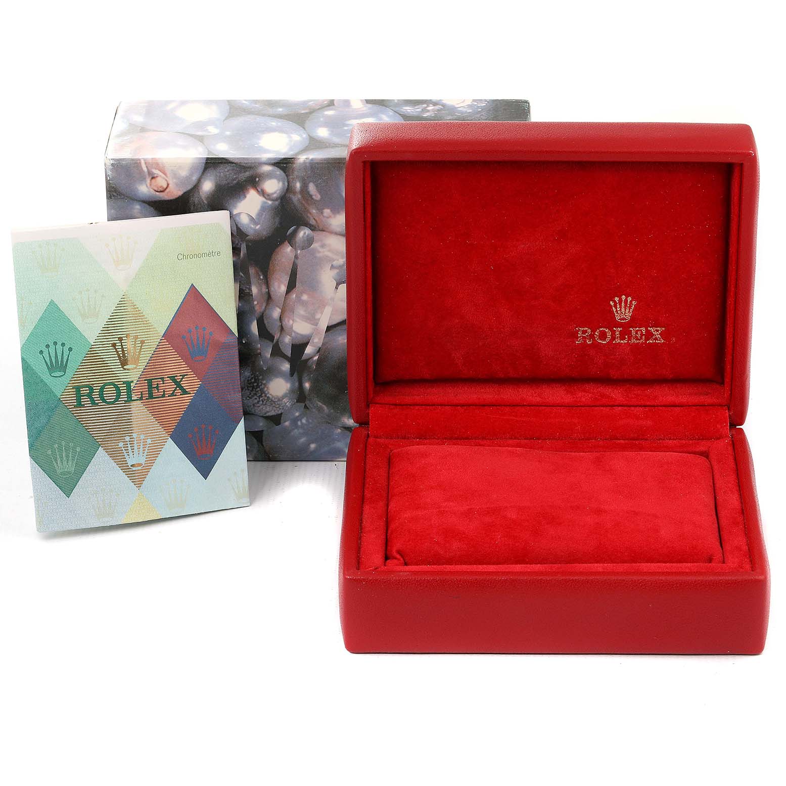 The image shows a red Rolex Datejust 179173 Women's Steel and Gold (two tone) Pink Dial 179173 Women's Steel and Gold (two tone) Pink Dial watch box, an outer box, and a Rolex booklet.