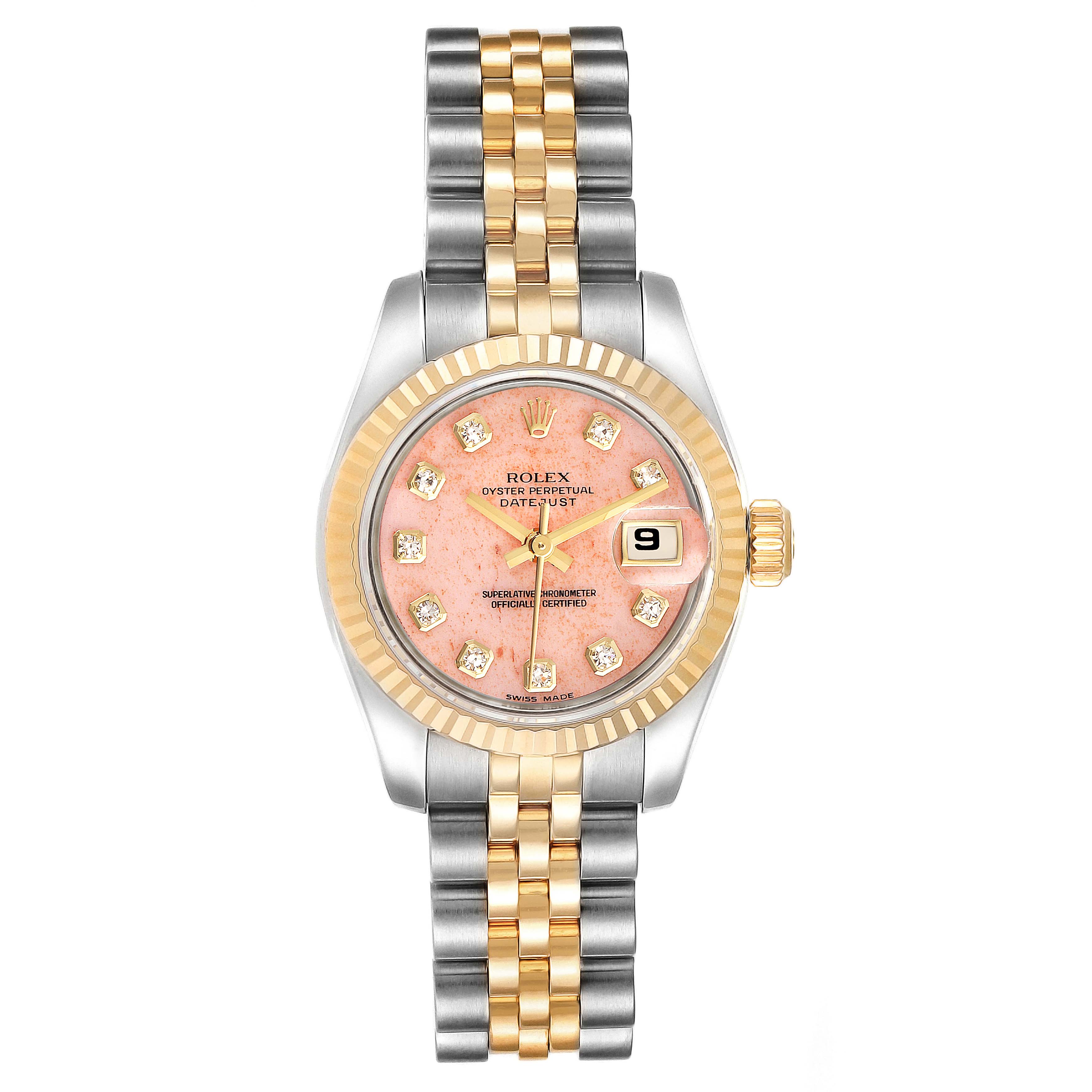 This image shows a Rolex Datejust 179173 Women's Steel and Gold (two tone) Pink Dial 179173 Women's Steel and Gold (two tone) Pink Dial watch, straight-on, displaying its face, bezel, and two-tone bracelet.