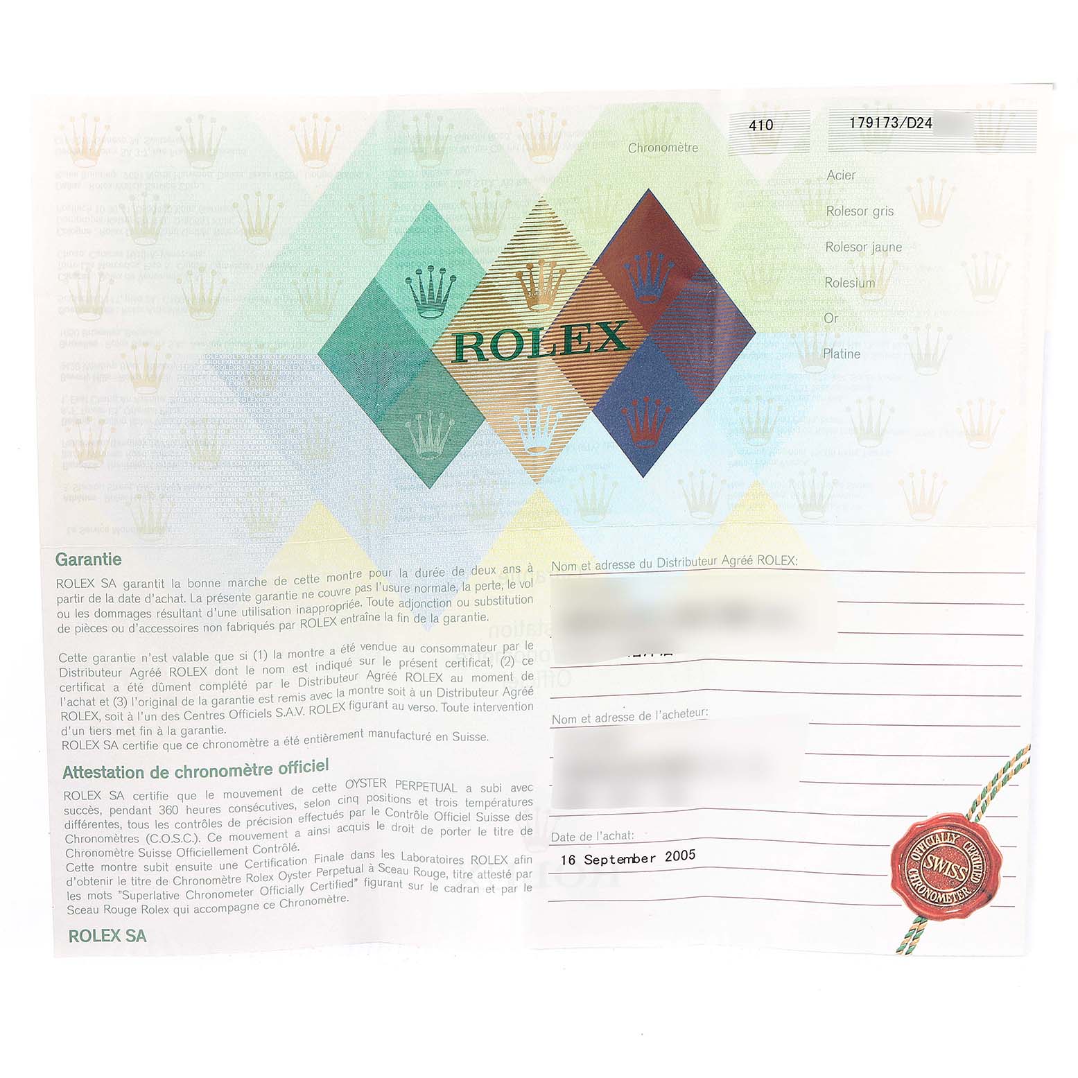 The image shows the warranty card for a Rolex Datejust 179173 Women's Steel and Gold (two tone) Pink Dial 179173 Women's Steel and Gold (two tone) Pink Dial watch, displaying the Rolex logo and purchase details.