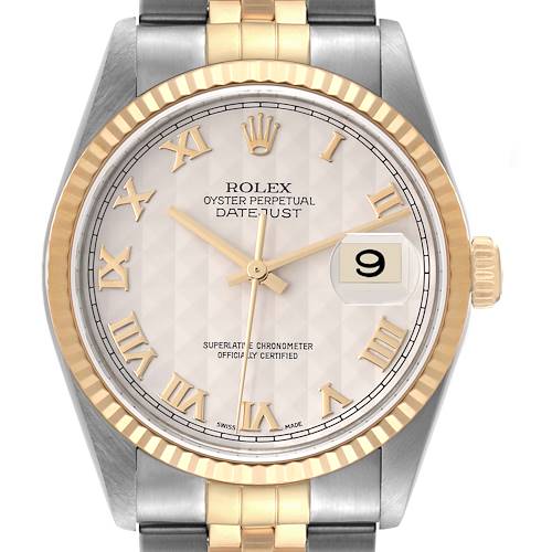 Photo of Rolex Datejust Steel Yellow Gold Pyramid Dial Mens Watch 16233 Box Papers