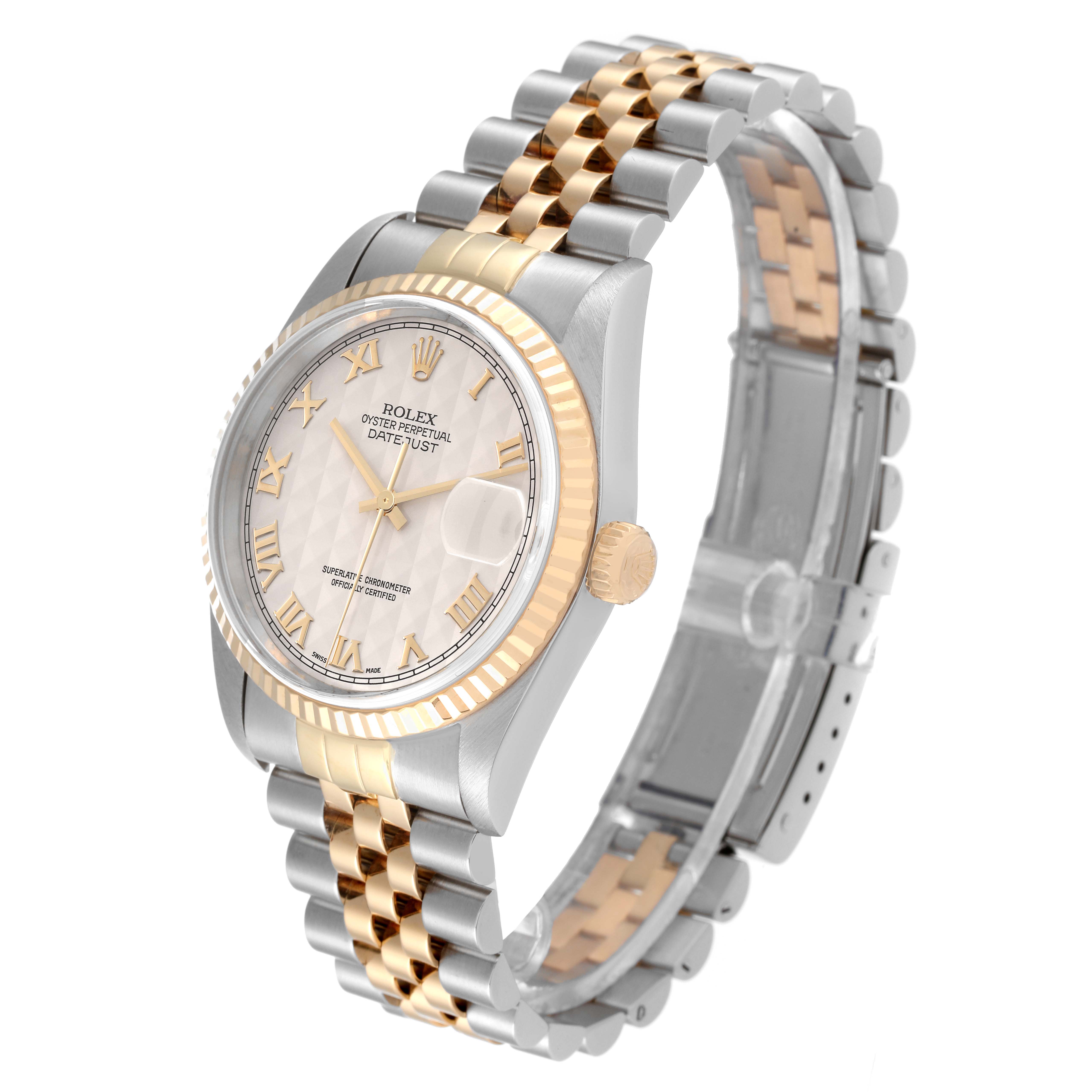 The image shows a Rolex Datejust 16233 Men's Stainless Steel Beige Dial 16233 Men's Stainless Steel Beige Dial watch at an angled side view, highlighting the dial, bezel, crown, and two-tone Jubilee bracelet.