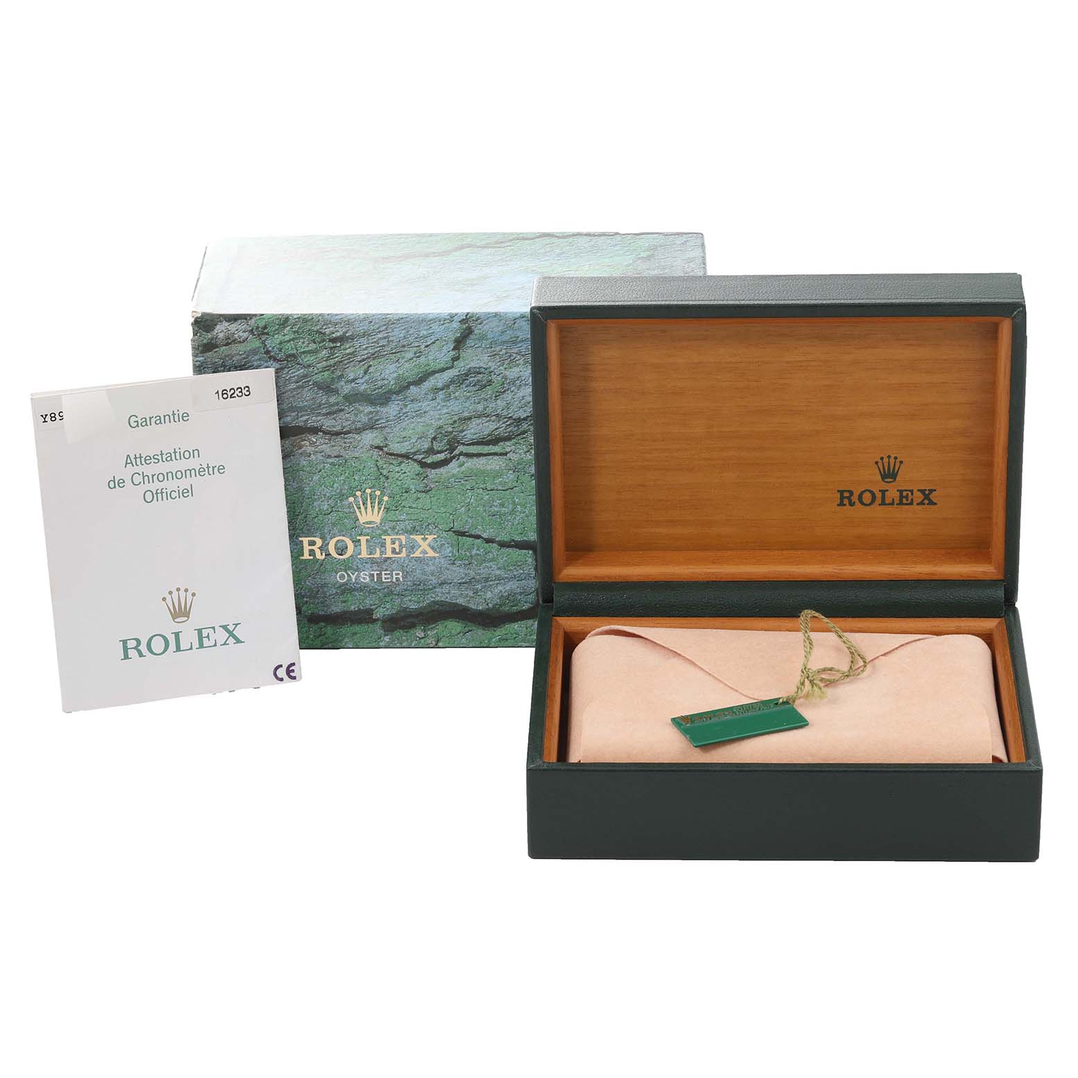 The image shows the packaging and accessories of the Rolex Datejust 16233 Men's Stainless Steel Beige Dial 16233 Men's Stainless Steel Beige Dial watch, including its box, outer cover, and warranty card.