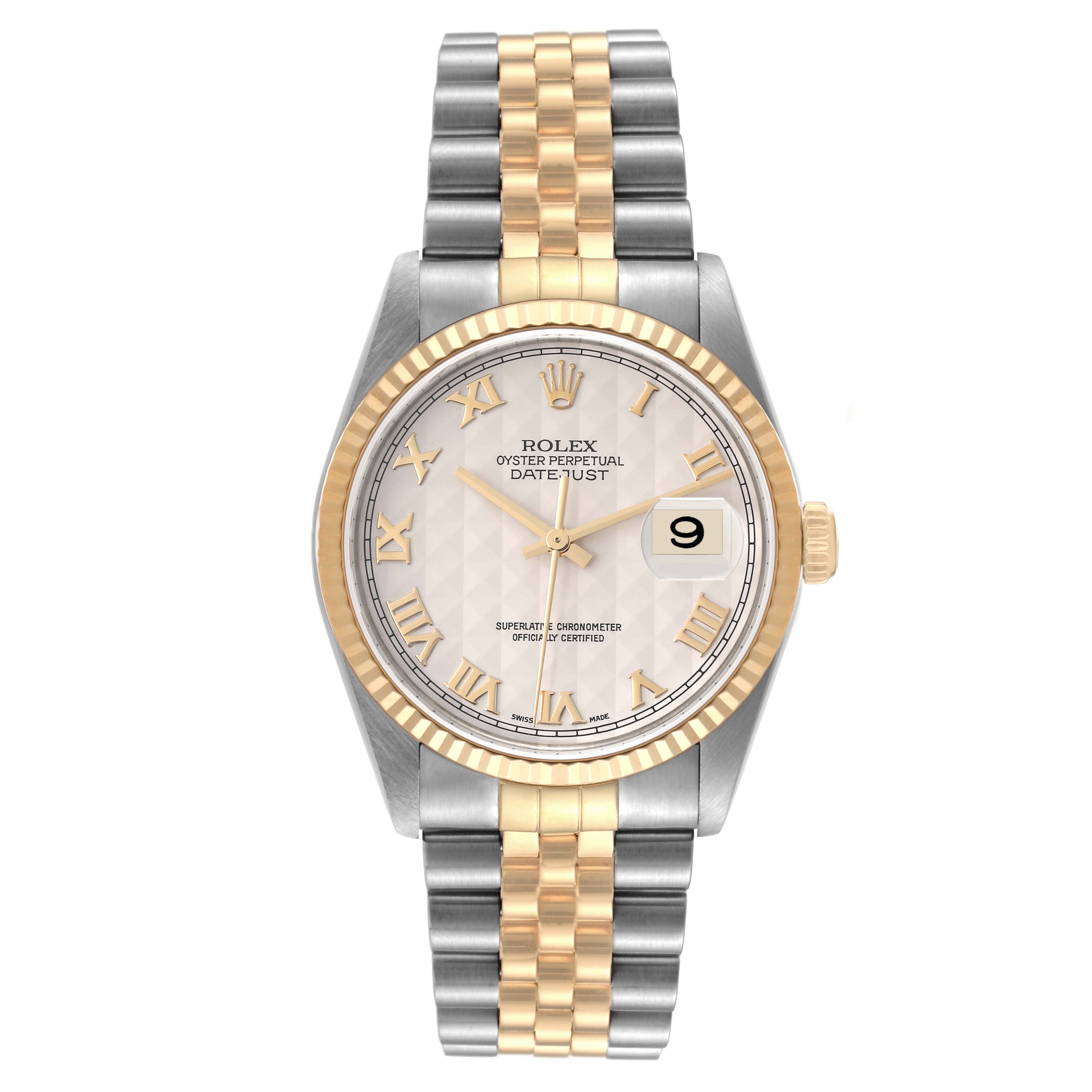This image shows a Rolex Datejust 16233 Men's Stainless Steel Beige Dial 16233 Men's Stainless Steel Beige Dial watch from a front angle, highlighting the dial, bezel, case, and bracelet.