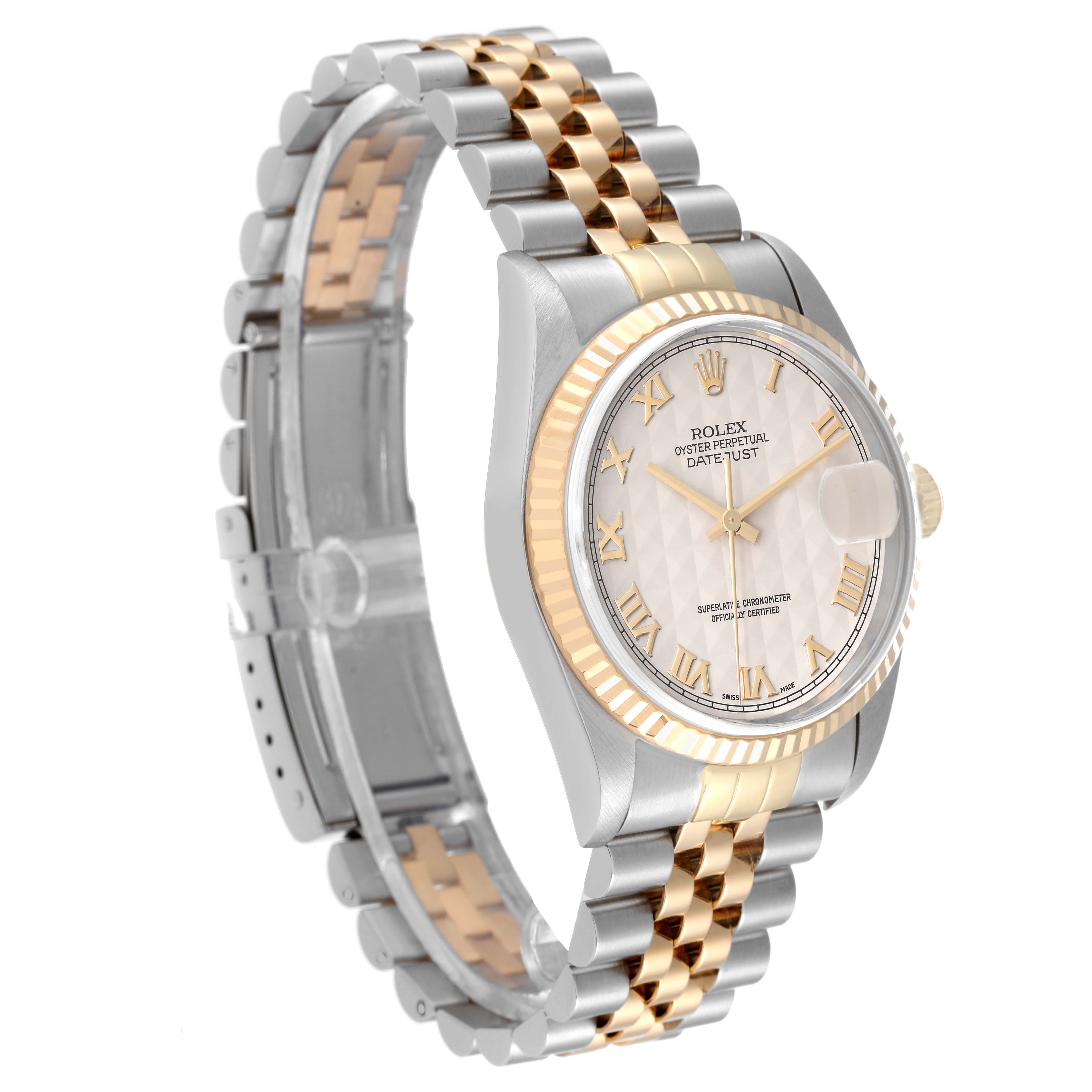 The Rolex Datejust 16233 Men's Stainless Steel Beige Dial 16233 Men's Stainless Steel Beige Dial watch is shown at an angle displaying the dial, bezel, and jubilee bracelet.