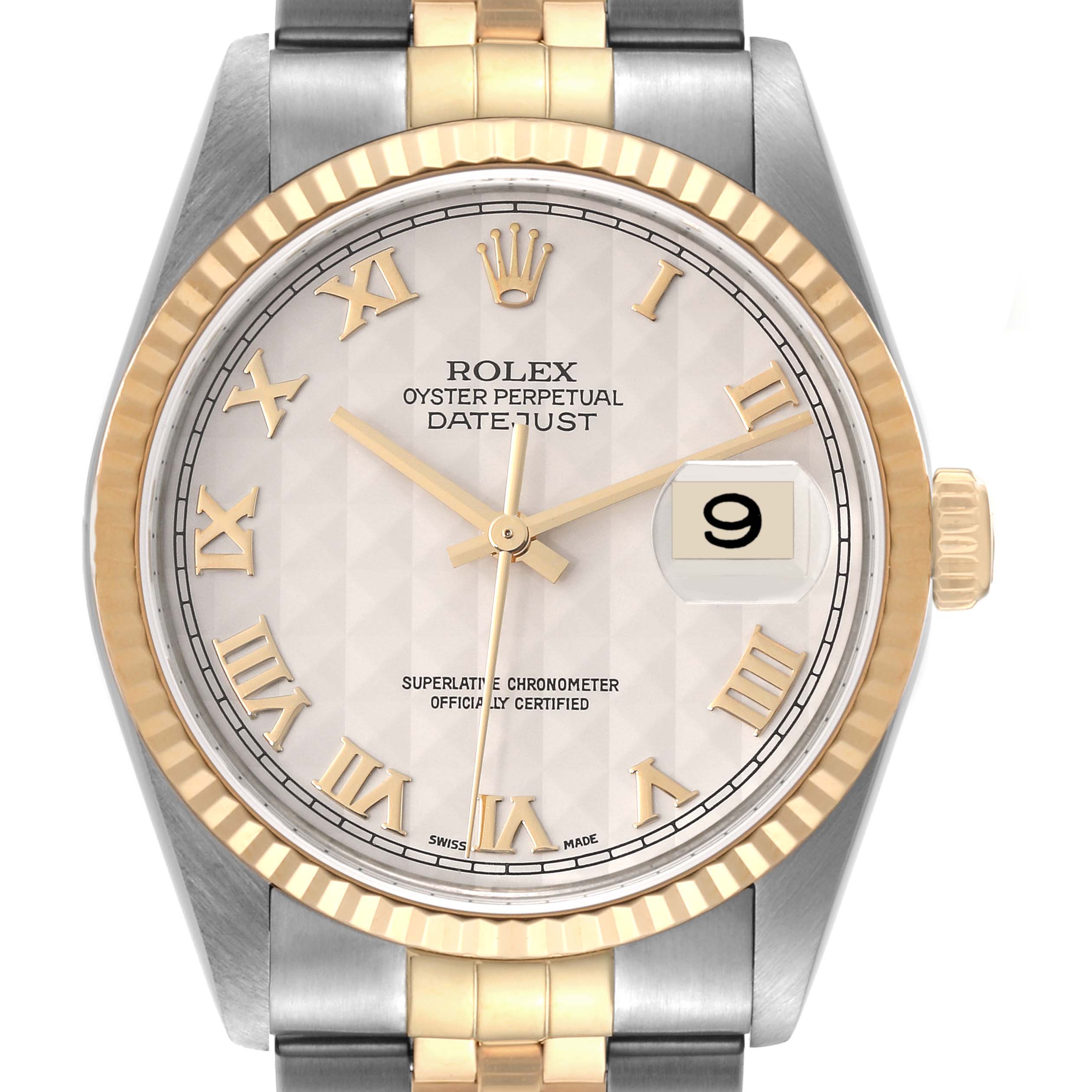 The image shows a front view of a Rolex Datejust 16233 Men's Stainless Steel Beige Dial 16233 Men's Stainless Steel Beige Dial watch, highlighting its gold fluted bezel and Roman numeral dial.