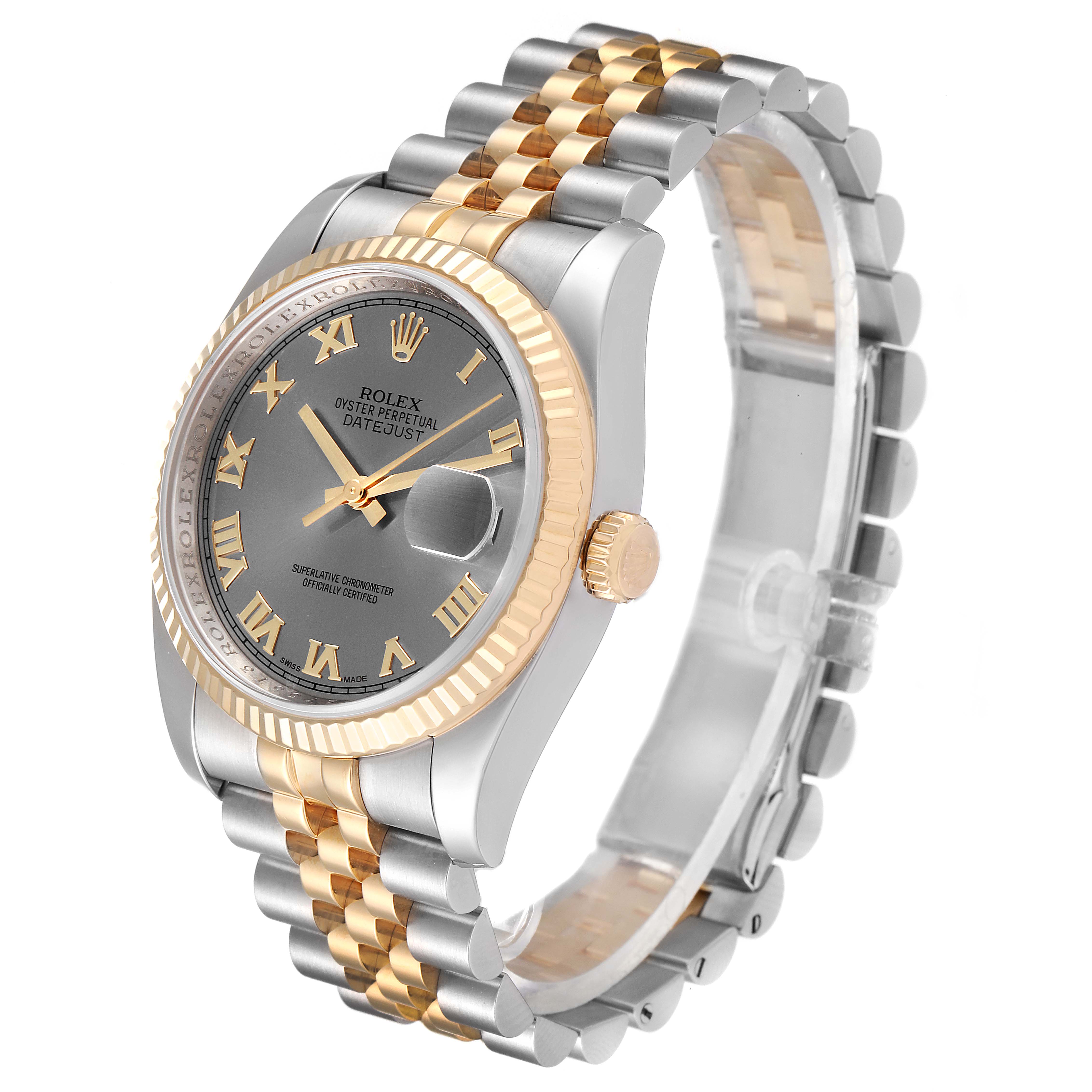 This Rolex Datejust 116233 Men's Steel and Gold (two tone) Grey Dial 116233 Men's Steel and Gold (two tone) Grey Dial watch is shown at a slight side angle, displaying its two-tone yellow gold and silver bracelet and fluted bezel.