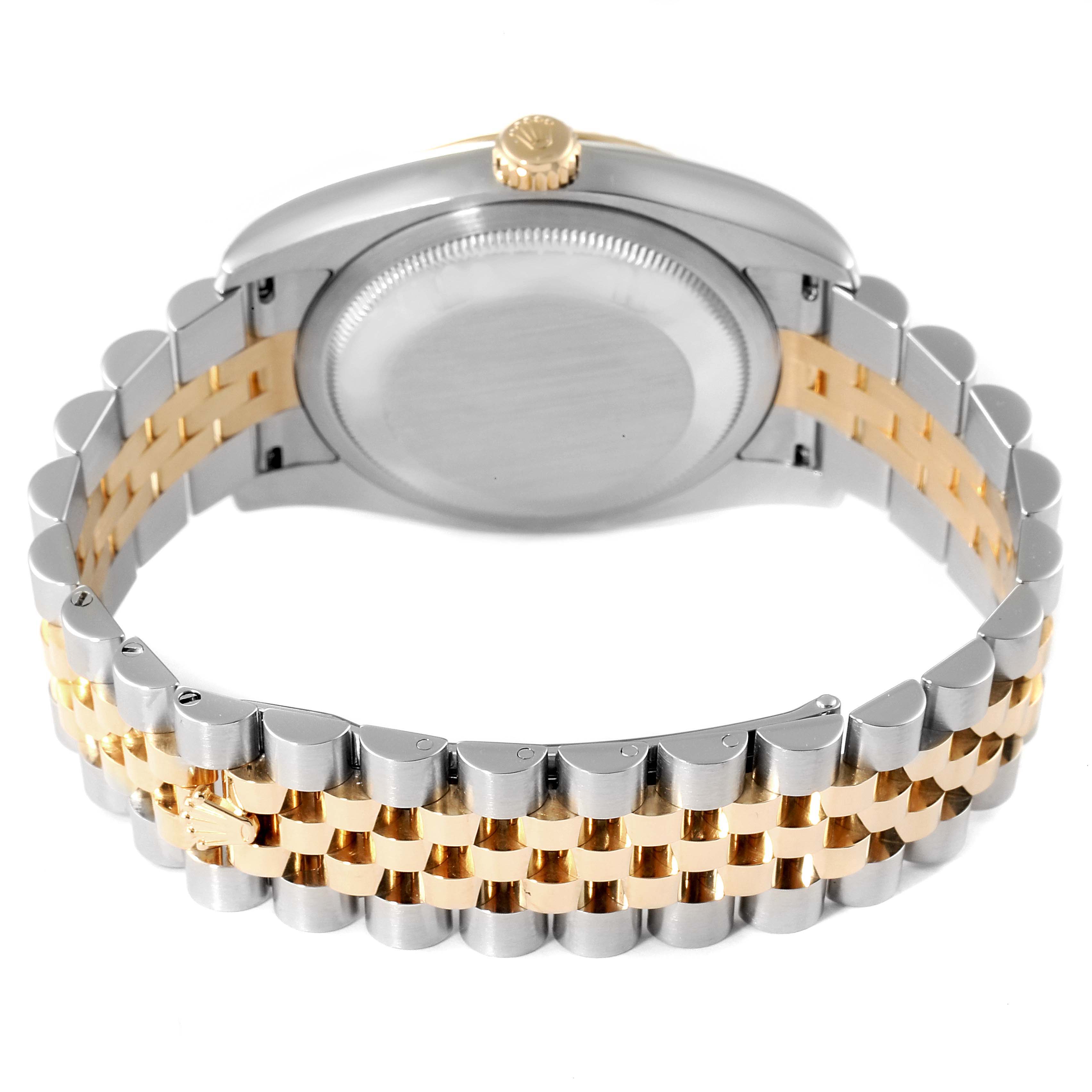 This image shows the back case and bracelet of a Rolex Datejust 116233 Men's Steel and Gold (two tone) Grey Dial 116233 Men's Steel and Gold (two tone) Grey Dial watch at an angled view.