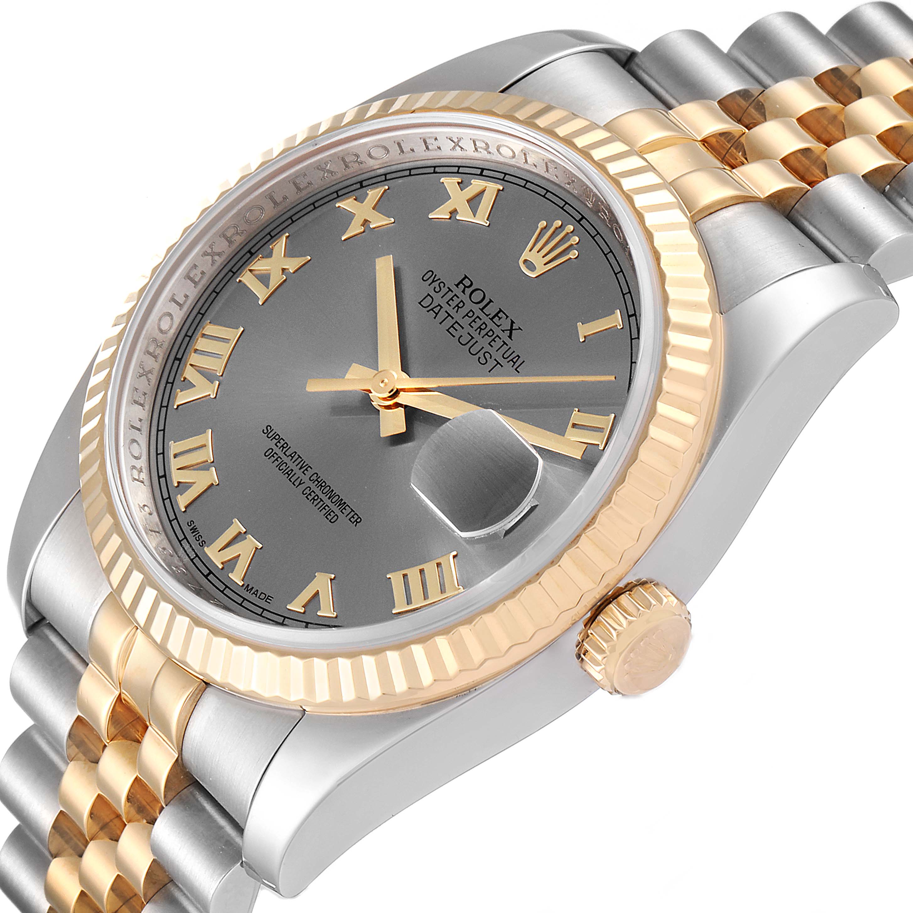 This image shows a Rolex Datejust 116233 Men's Steel and Gold (two tone) Grey Dial 116233 Men's Steel and Gold (two tone) Grey Dial watch from a three-quarter angle, highlighting its face, bezel, crown, and part of the bracelet.
