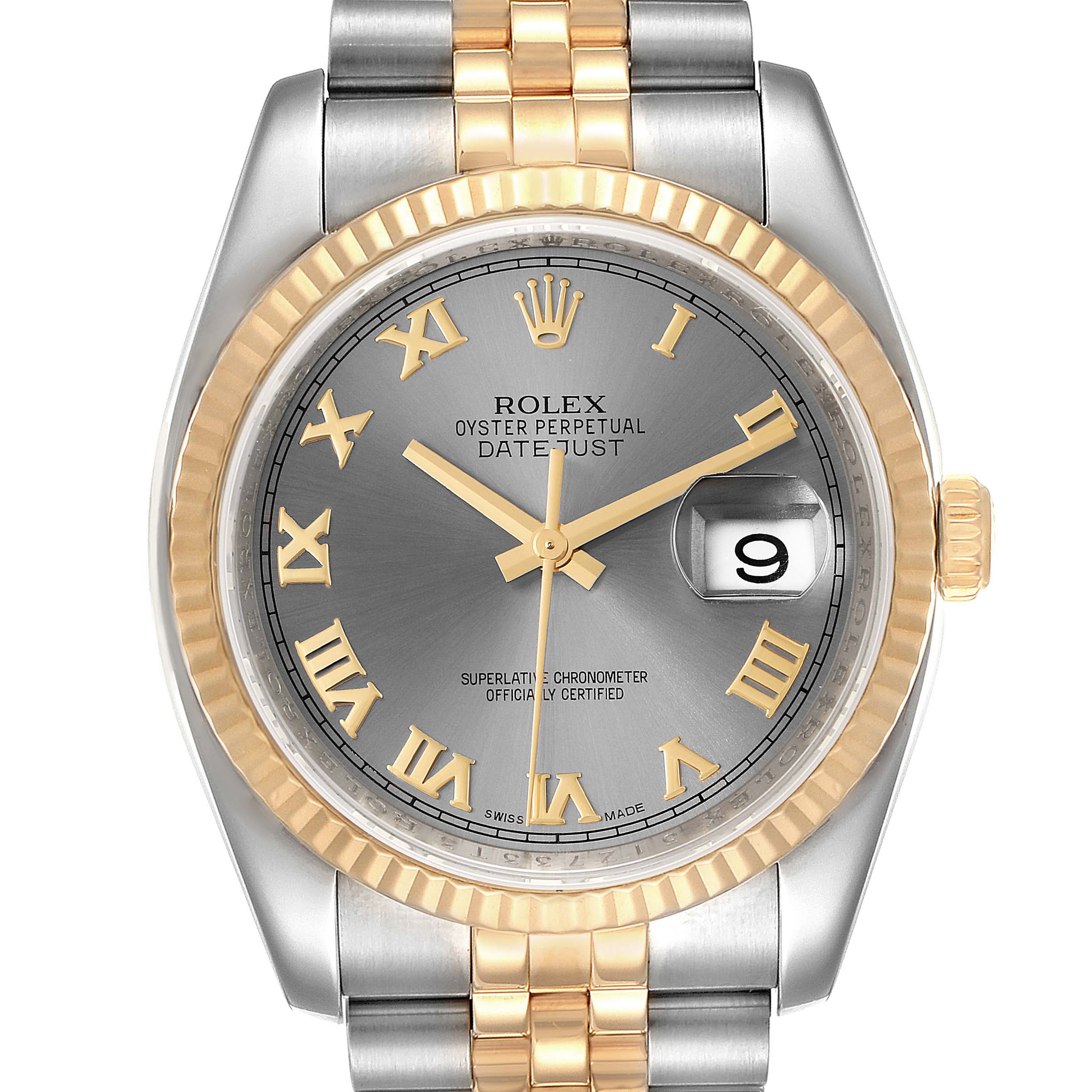 The image shows a front view of the Rolex Datejust 116233 Men's Steel and Gold (two tone) Grey Dial 116233 Men's Steel and Gold (two tone) Grey Dial watch, highlighting the dial, bezel, crown, and part of the bracelet.