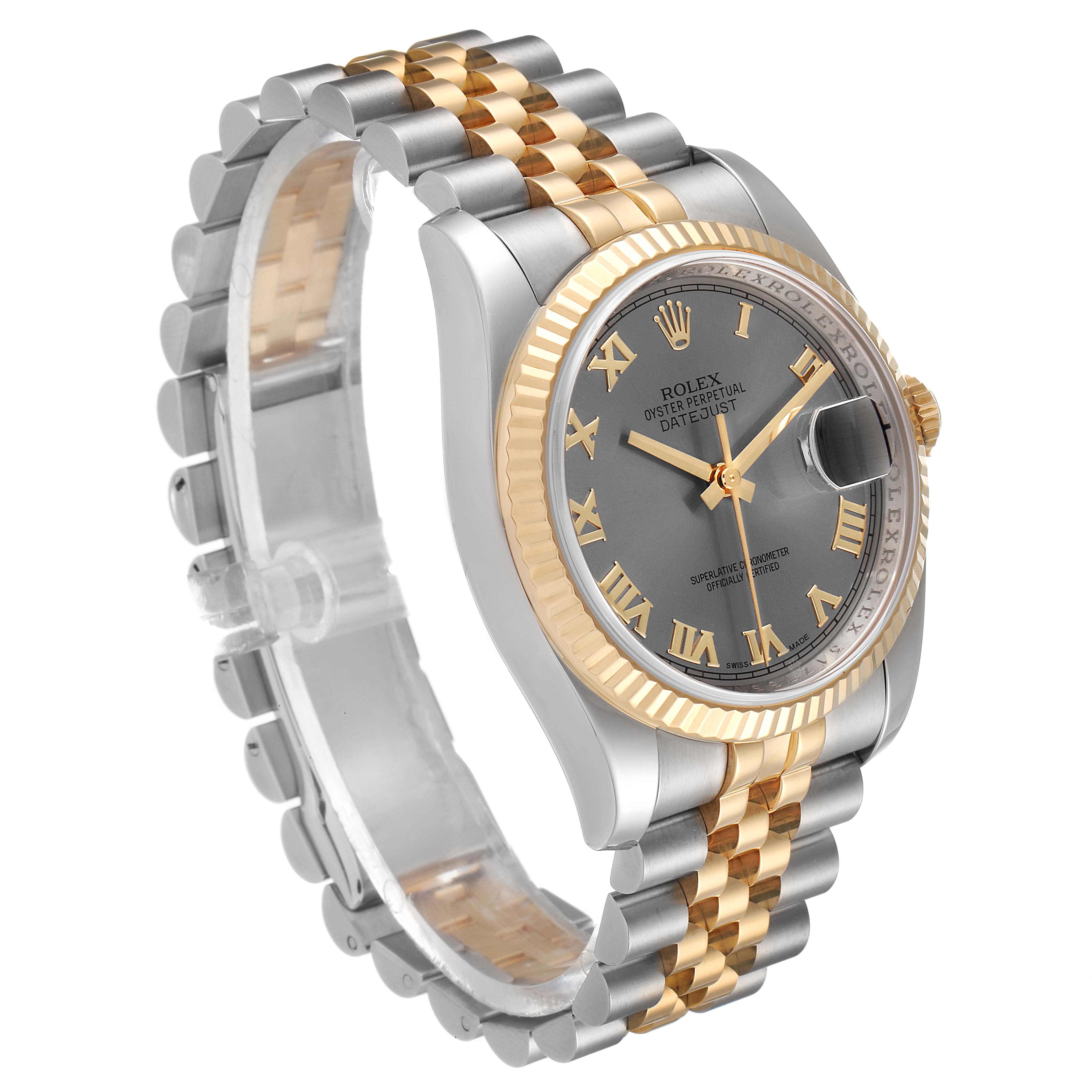 This image shows a Rolex Datejust 116233 Men's Steel and Gold (two tone) Grey Dial 116233 Men's Steel and Gold (two tone) Grey Dial watch at a three-quarter angle, displaying its two-tone bracelet, fluted bezel, and gray dial with Roman numerals.