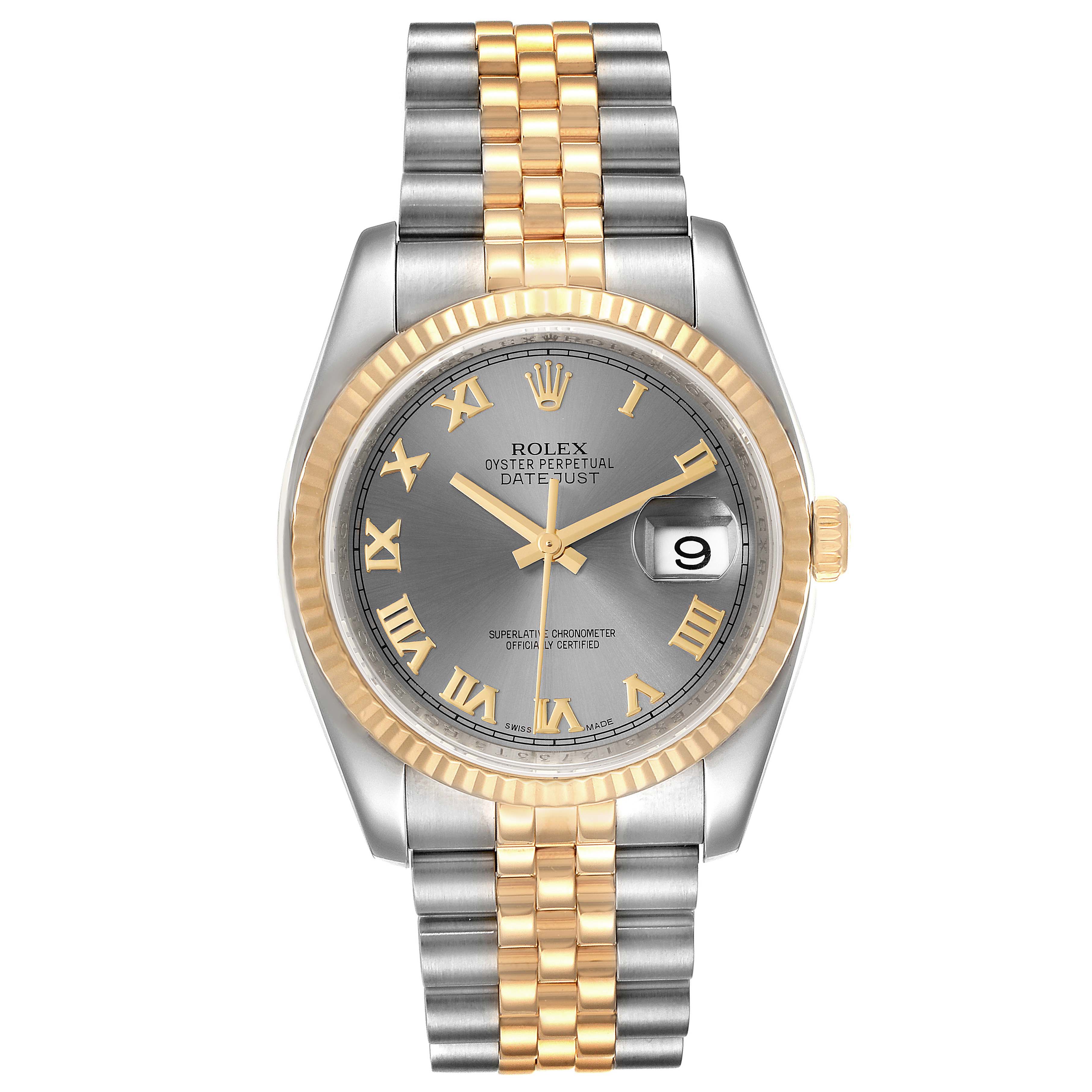 This image shows a front view of the Rolex Datejust 116233 Men's Steel and Gold (two tone) Grey Dial 116233 Men's Steel and Gold (two tone) Grey Dial watch, featuring a silver and gold bracelet, a gold bezel, and a date display.