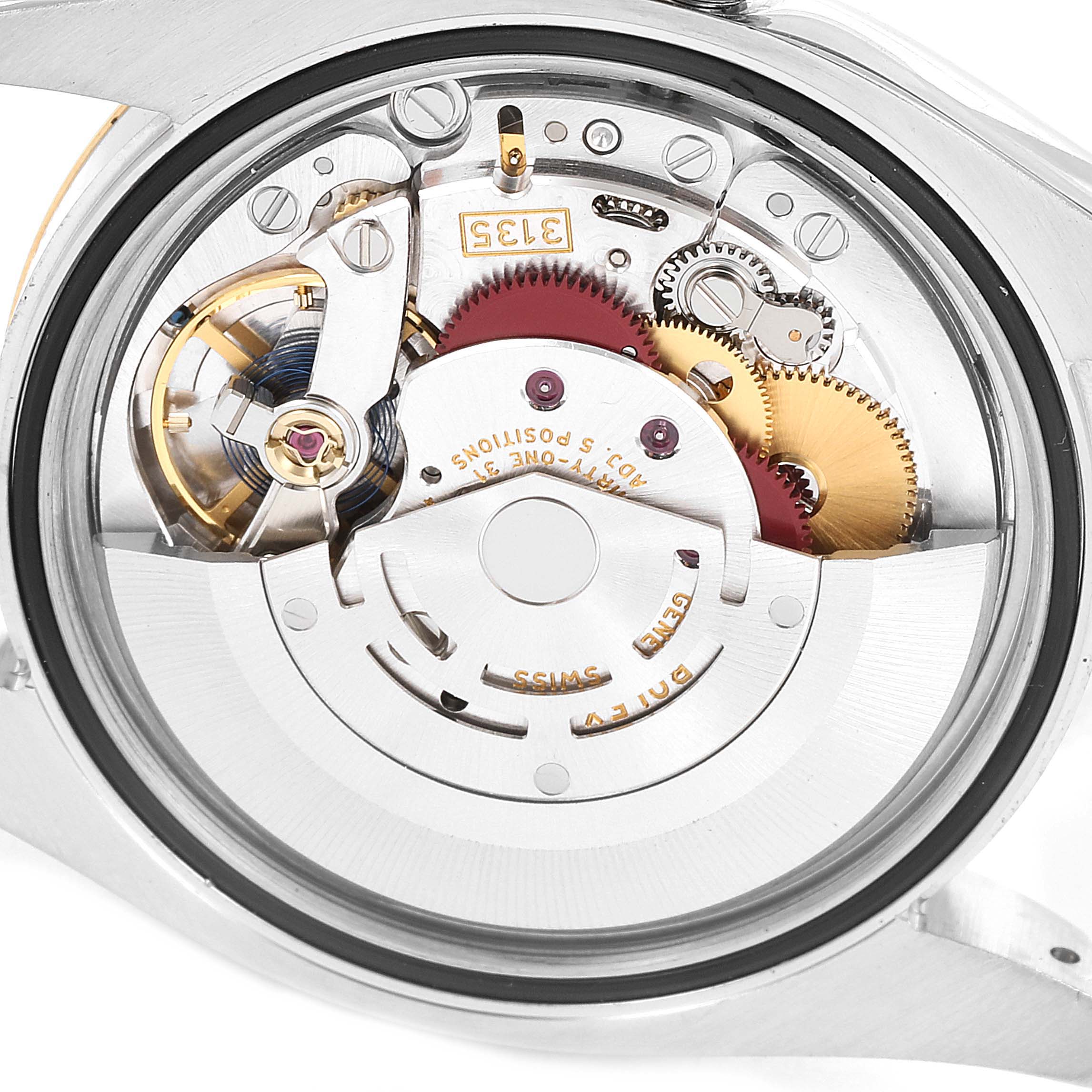 The image shows the internal movement components of a Rolex Datejust 116233 Men's Steel and Gold (two tone) Grey Dial 116233 Men's Steel and Gold (two tone) Grey Dial watch from a rear angle.