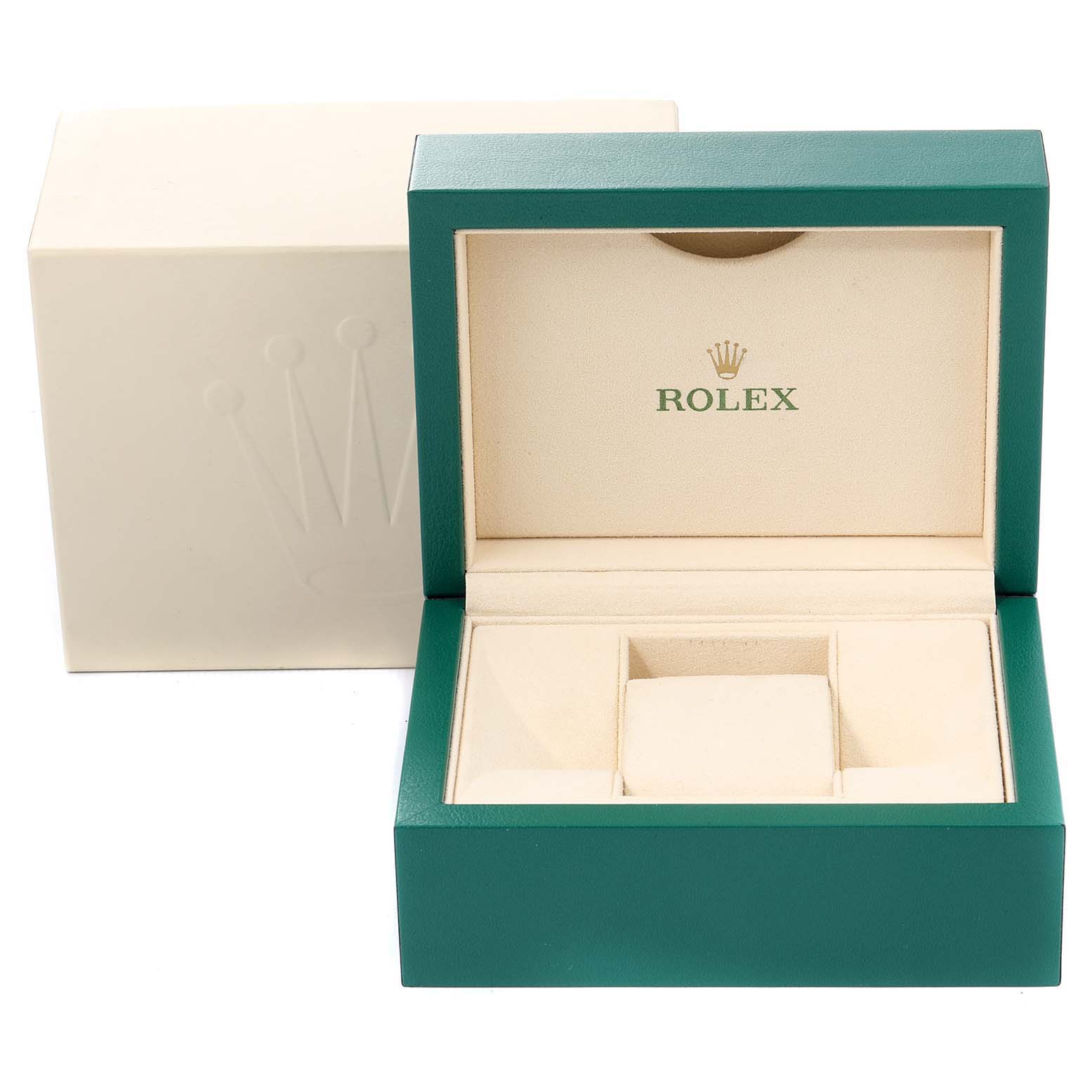 This image shows the opened packaging box for a Rolex Datejust 116233 Men's Steel and Gold (two tone) Grey Dial 116233 Men's Steel and Gold (two tone) Grey Dial watch, revealing an empty green and beige watch case.